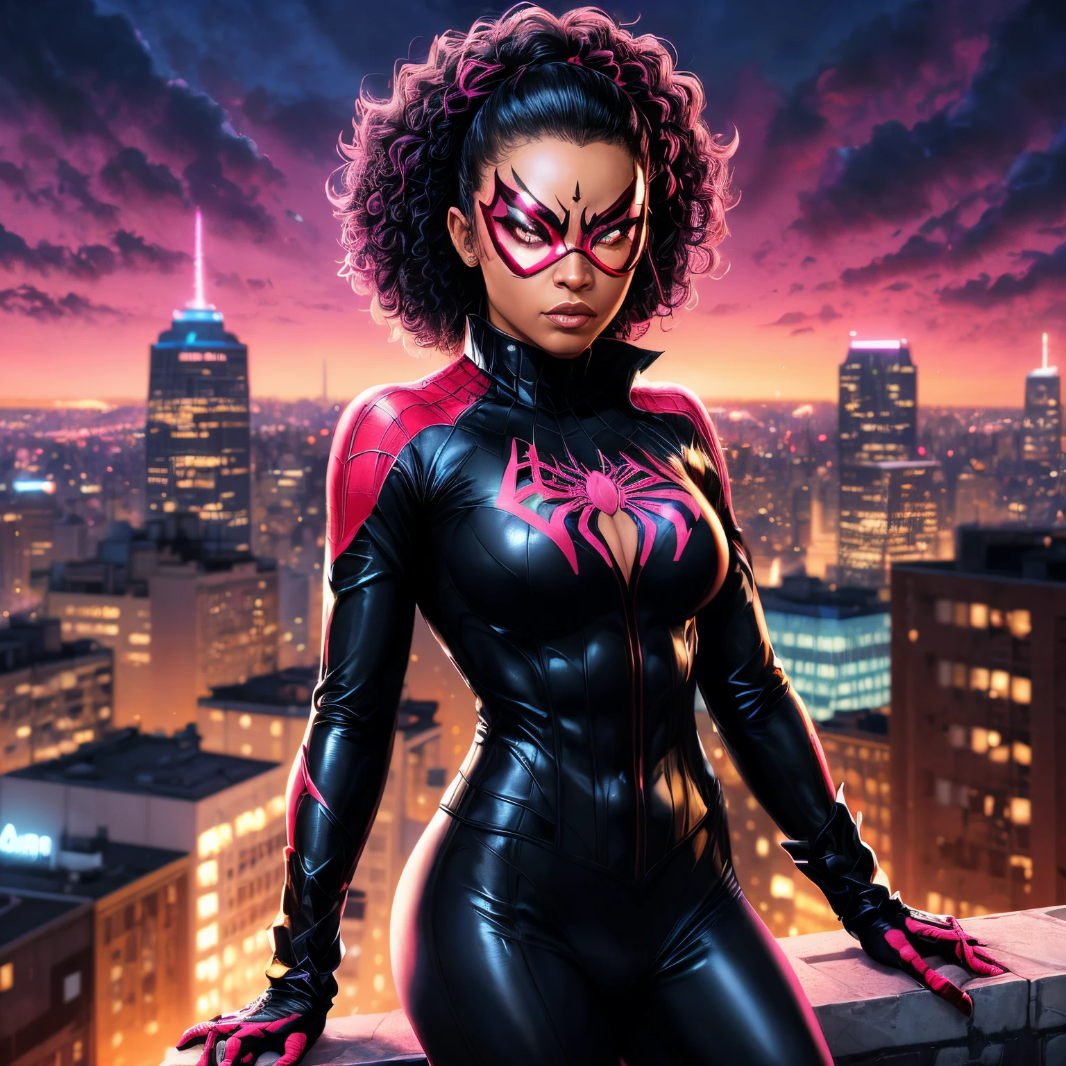 black girl, superhero Spider Girl - Miles Morales, combat stance, highly detailed, vibrant appearance, creative behavior, imaginative, , spontaneous, small breasts, sexi, naked breasts, topless, revealing, highest quality, skin texture, intricate details, (cinematic lighting), RAW photo, 8k, masterpiece,best quality,ultra-detailed,very detailed illustrations,extremely detailed,intricate details,highres,super complex details,extremely detailed 8k cg wallpaper