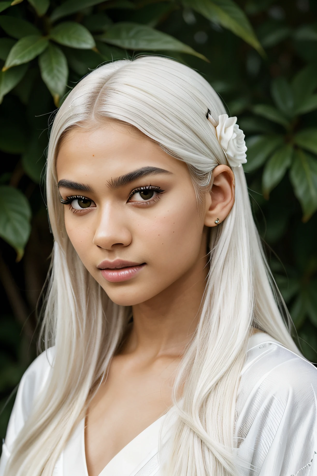 tmasterpiece， La meilleure qualité au mieux， porter un kimono fermé, kimono luxueux, androgyne，belle jeune femme, femme africaine métisse, peau claire, Des yeux brillants，18 ans, （Élèves détaillés：1.2），Pure princesse， cils oculaires， Beaux cheveux blancs，sourcils blancs, cheveux rayés，cheveux totalement blancs, multicolore， cheveux longs，les cheveux, les poils du visage et les sourcils sont tous blancs, Le visage parfait， Un，peau foncée, très belle, beauté délicate, simplement coiffure, pas de fleur, rien dans les cheveux, jeune visage délicat, parfait et innocent, Caractéristiques du visage norvégien, comme mélanger Zendaya et Adrianna Lima