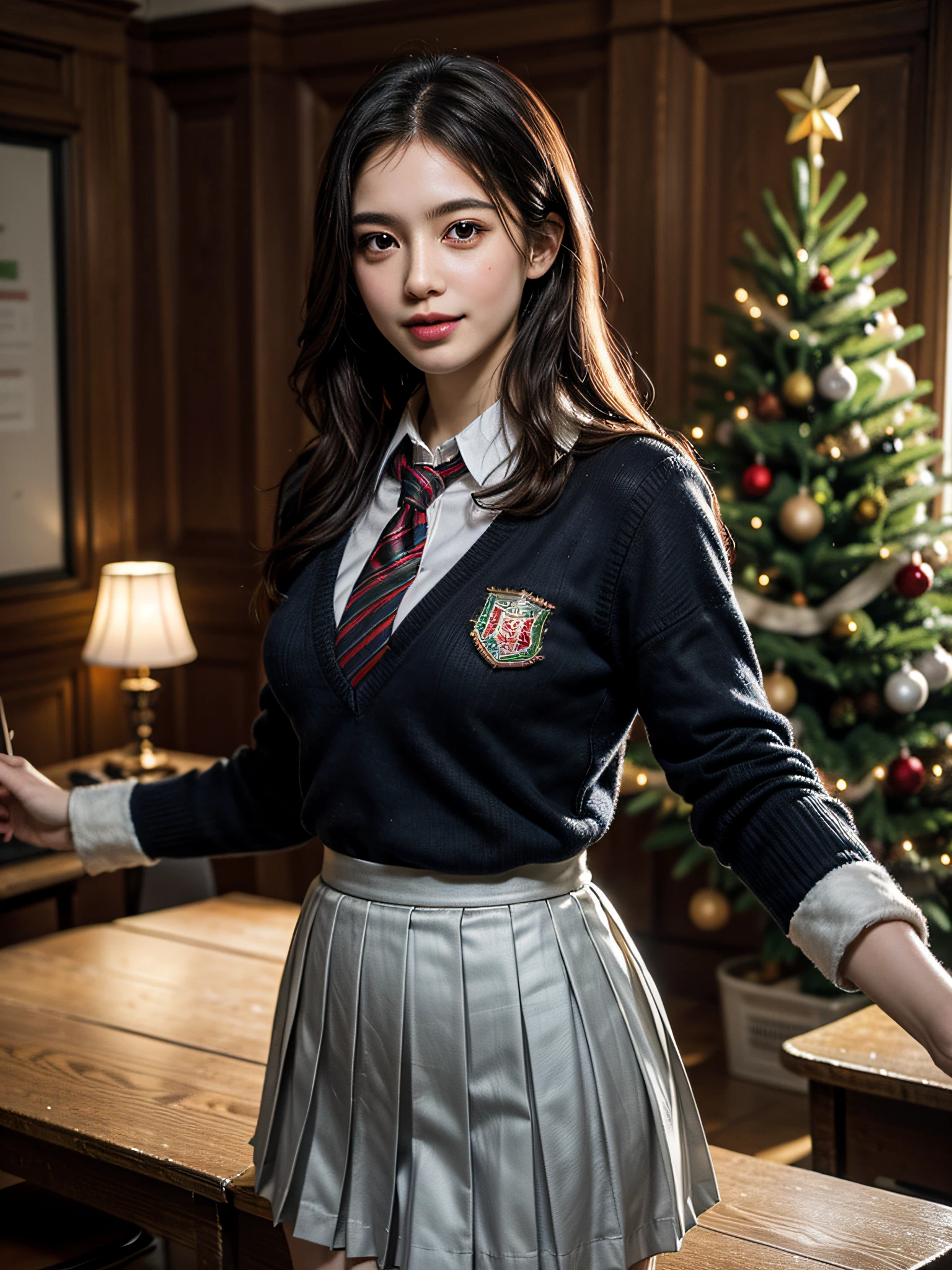 (2girls:1.4), Extremely cute, Amazing face and eyes, (Beautiful lovely smile), (extremely detailed beautiful face), bright and shiny lips, (School uniform, Pleated skirt:1.3), (Best Quality:1.4), (hyper quality), (Ultra-detailed), (Hyper-realistic, Photorealsitic:1.37), Authentic skin texture, intricate-detail, extremely detailed CG unified 8k wallpaper, RAW Photos, professional photograpy, Cinematic lighting, Exposing, Christmas tree, Christmas Ornaments, Christmas Decorations, Christmas Lights, christmas lights,