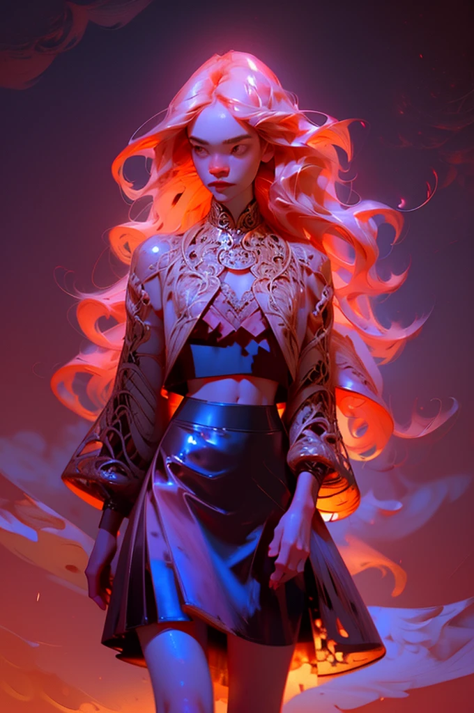 (intricate, elegant, highly detailed, digital painting), Celestial Filigree, (Accent Lighting)), 8K, (rich symbolism:1.2), (High Contrast), (150 mm), 1girl, pink hair, glossy hair, long hair, gold top crop, cleavage, navel, mini-skirt, , walkin from the river, night time, fierce looking, valkiry hair wings