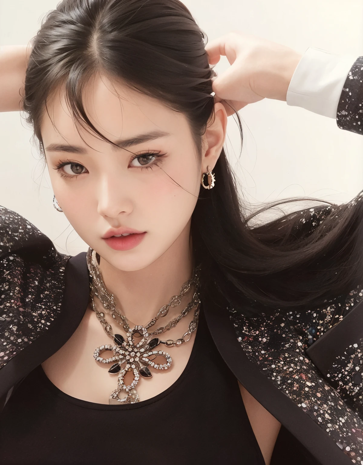 Un primer plano de una mujer con un collar y una chaqueta, Blackpink Jennie, Song Hye - Kyo, Parque Ji-min, Heonhwa Choe, inspirado por Jeong Seon, Taejune Kim, Jossi de Blackpink, Gongbi, Jinyoung Shin, glossy magazine photoshoot, Seseon Yoon, Lee Ji-eun, Lee Ji - Eun
