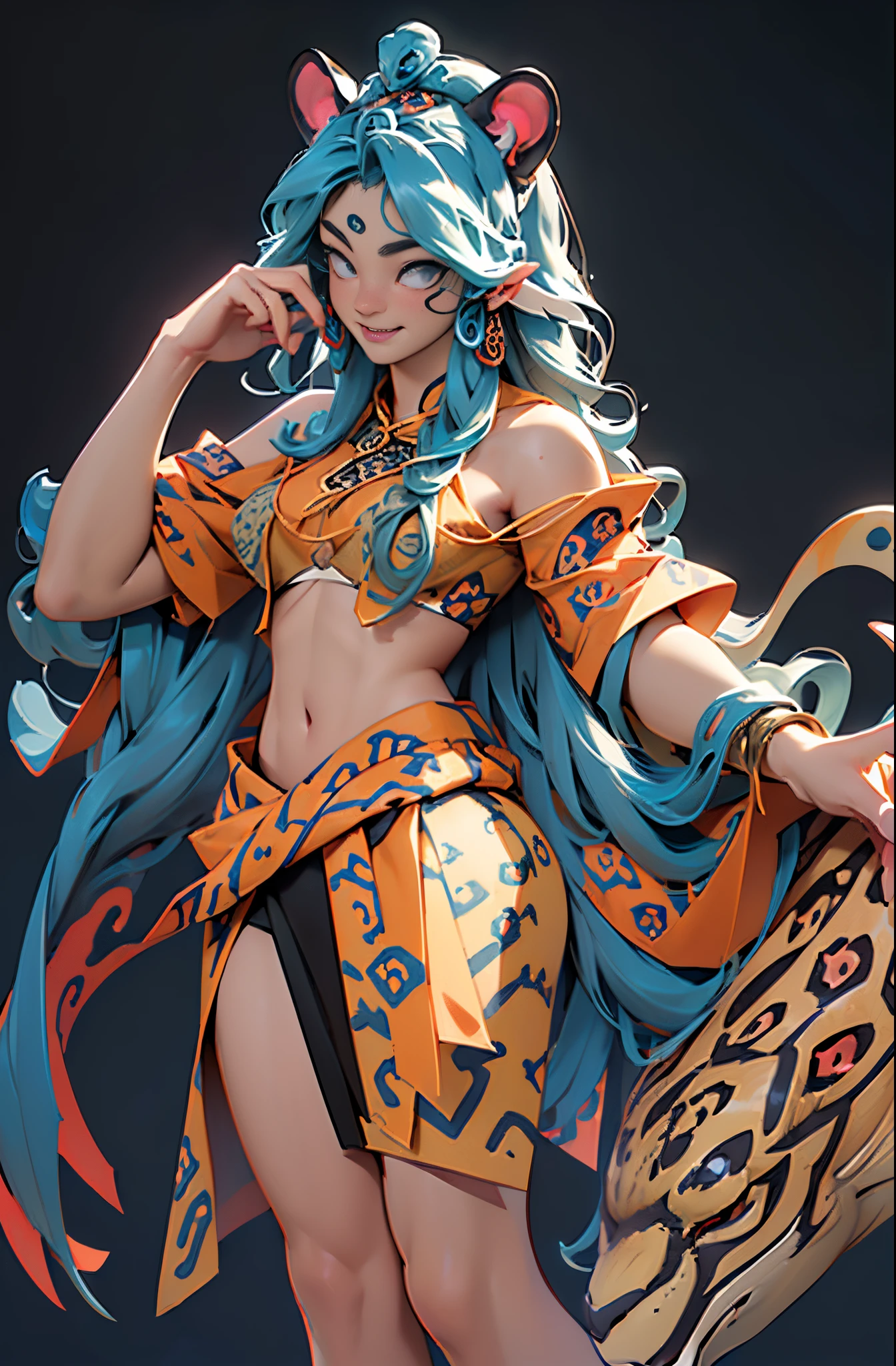 ((Sculpture design)),((full body portrait of person)),((undying)),((tmasterpiece)),(entire body image:1.6,Full body photo:1.6,From the feet to the top of the head:1.6),【Create a LOGO based on:(jungle spirit,Appear in female form,),(Goddess in Chinese mythology:1.5),(oda'jaguar behind me:1.6,complete jaguar:1.6),(Goddess Fan,A MILF,熟妇,mature,big chest and thin waist,long leges),(wildness),(Raised sexy),(charming woman),(Red long-haired:1.4),ear nipple ring,graceful stance,Dunhuang clothes,Dunhuang skirt,((Headdress symbolizing God))】,((Sexual suggestiveness)),(Computer graphic arts:1.4), (s fractal art: 1.2),(( 32K,A high resolution,hyper HD,)), (( Professional Quality,Perfect photography, ray traycing, perfect volumetric lighting, hight quality octane render, High quality vectors)), ((hyper-detailing:1.2,Complicated details:1.2)), ((ultra real photo,フォトリアリスティック,3 Rendering)),((epic image)),(Blind box toy style:1.6),((simple backgound,Deep dark background:1.2,with black background)),Detailed faces,詳細な目,Clean the skin,(correct hand:1.6),(Complete and beautiful five fingers:1.6),(Head and body proportion anatomical model:1.6),(Anatomically correct perspective and occlusion:1.5),(Correct anatomy:1.5),(Add a base:1.6),(Tangled waves and trees:1.6),(Character centered:1.4),(Warm color palette),