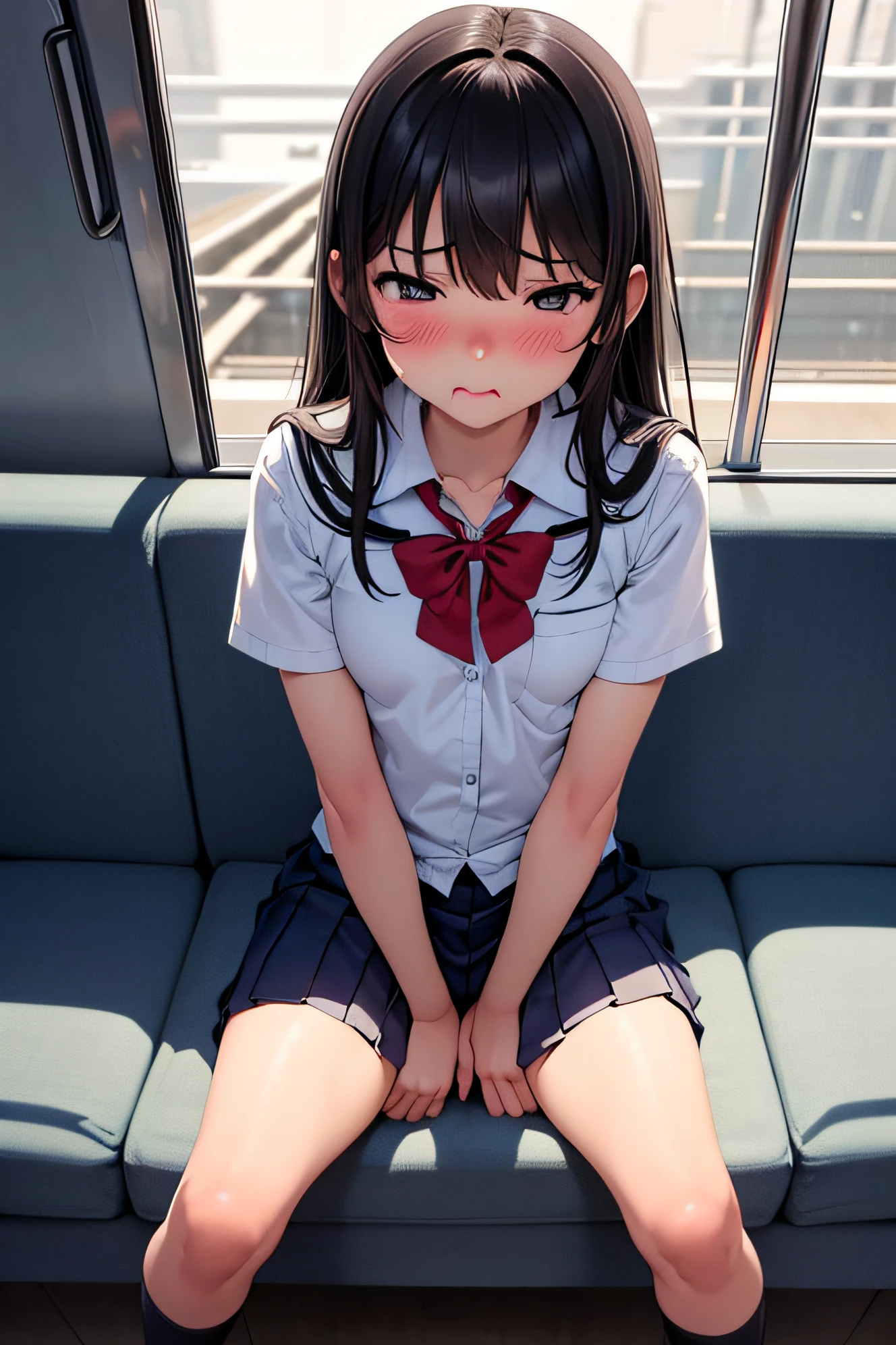 superfine illustration, Perfect Anatomy, Best Quality, Hires, amazing shading, Beautiful skin, 1 , nose blush, Saliva, Ecstasy, Close eyes, ,School Uniforms , Full body, SEX, Yor, touches crotch, (Rubbing the crotch with your hands:1.2),By train,, suggestive pose,Small