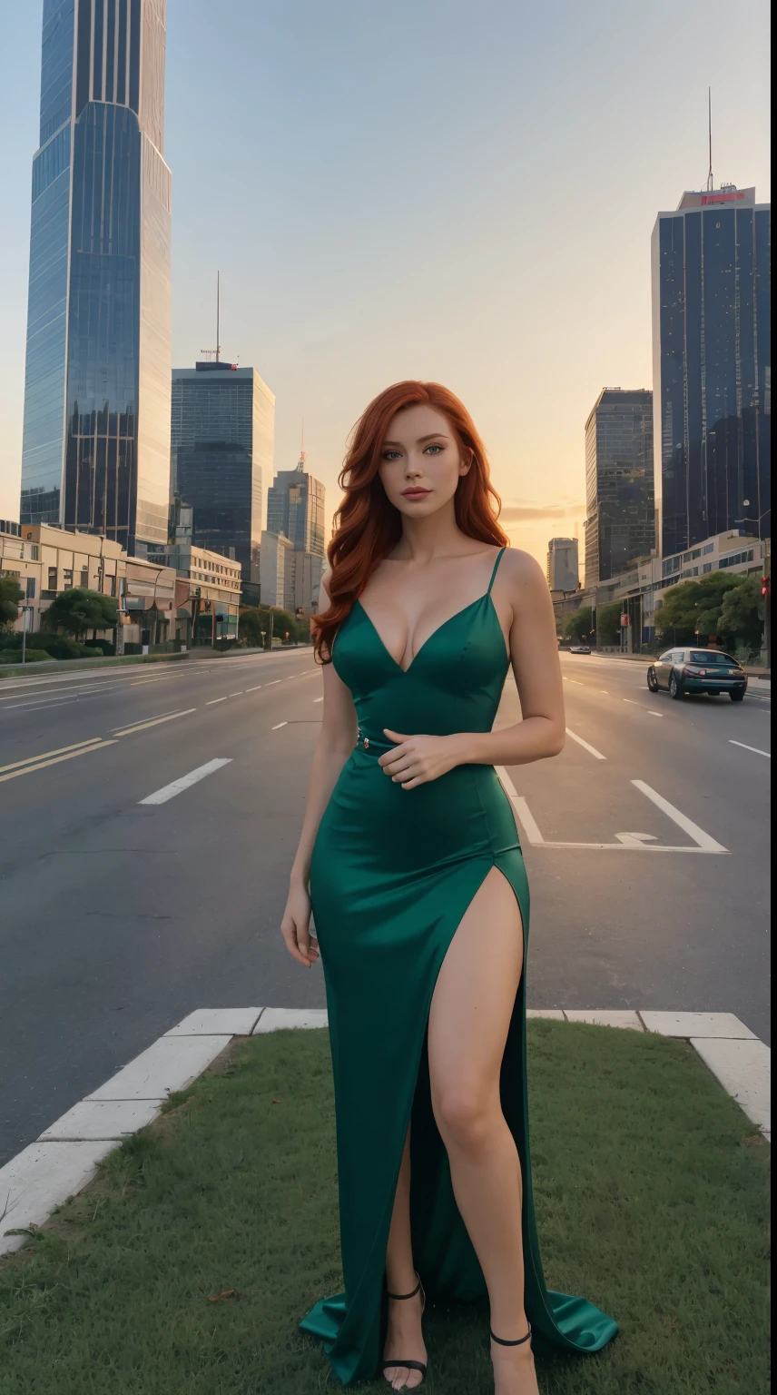 mulher extremamente linda, standingn, frente, ((grass green eyes)), (((perfect eye))), (((redhead))), red Evening gown, in a stunning setting, skyscraper on the ground in the background, beautiful city, fim de tarde, live lighting, cores vivas, (((no cars)))