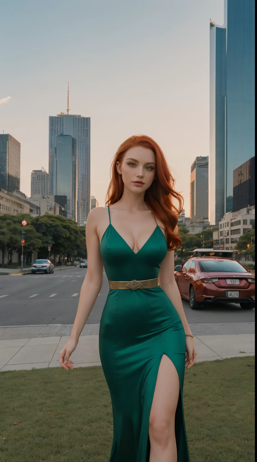 mulher extremamente linda, standingn, frente, ((grass green eyes)), (((perfect eye))), (((redhead))), red Evening gown, in a stunning setting, skyscraper on the ground in the background, beautiful city, fim de tarde, live lighting, cores vivas, (((no cars)))