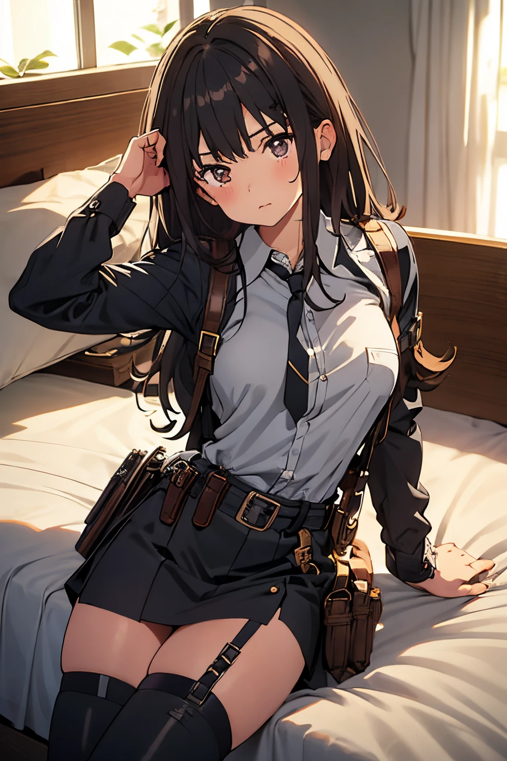Brown hair、watching at viewers　　　black suspenders　　　Bulging big breasts　　 　 　　　walls: 　Black miniskirt　garters　　　　　　Gaze　　　Small face　bangss 　　　holster　　Belt Armament　Beautuful Women　srestrained　hands up　Lying in bed　Leg holster lying on the bed　　Gaze 　black boots panty shot