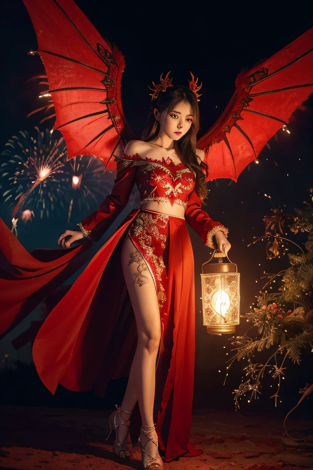 Broken Winged Dragon Angel,Clothes with intricate details,Red is very festive,Has a warming effect,Furry cuffs,There are fireworks behind,with a lantern in hand,There are exquisite embroideries on the shoes and skirts