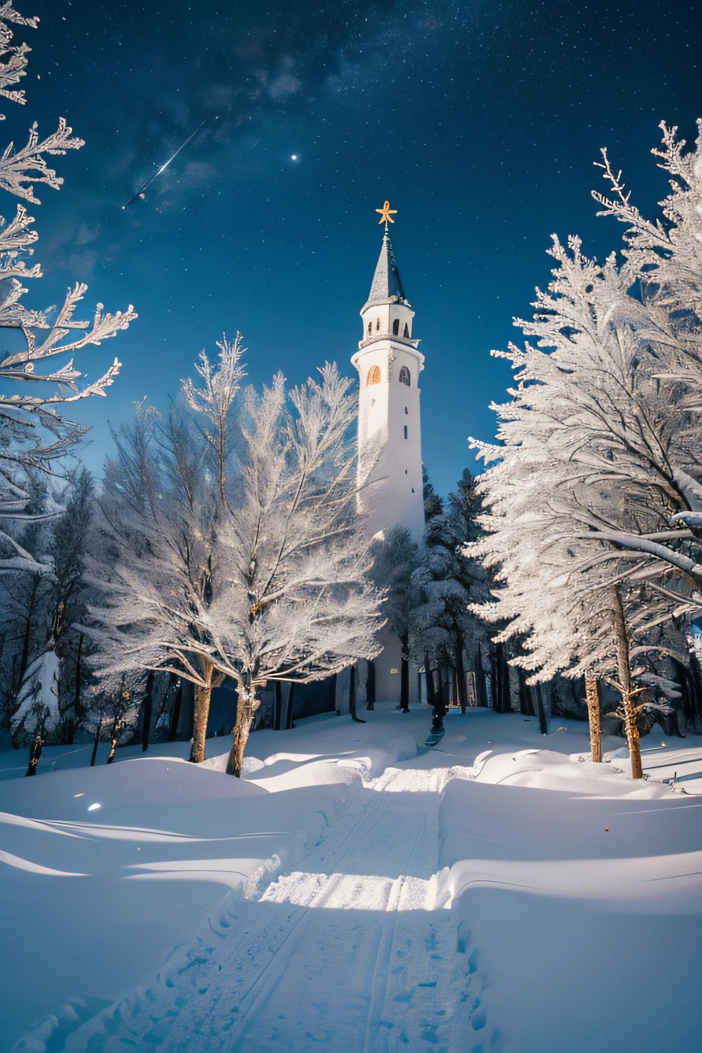 Produce a high-resolution digital image that depicts a magical and enchanting landscape, celebrando a atmosfera festiva do Natal. The scene must be a snowy scene, cobertor por um manto branco de neve macia. Trees decorated with twinkling lights should punctuate the landscape, destacando-se na serenidade do ambiente coberto de neve. The sky should display soft shades of blue and pink, reflecting the light of sunset or dawn, adding a touch of warmth to the icy scene. Add characteristic Christmas elements, like a Santa Claus flying in the sleigh pulled by reindeer in the sky, deixando um rastro de estrelas cintilantes. Os flocos de neve devem ser detalhados e realistas, adding a sense of movement and depth to the landscape. Lighting should be soft and welcoming, Highlighting the festive centers and transmitting an atmosphere of joy and Christmas magic.