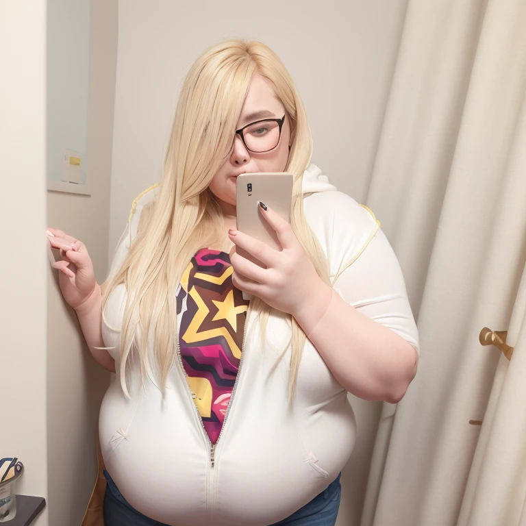 Fat woman with long blonde hair, glasses, large breasts, fat belly with lovehandles, thick arms, thick thighs, double chin, skintight hoodie that's unzipped halfway, tight jeans