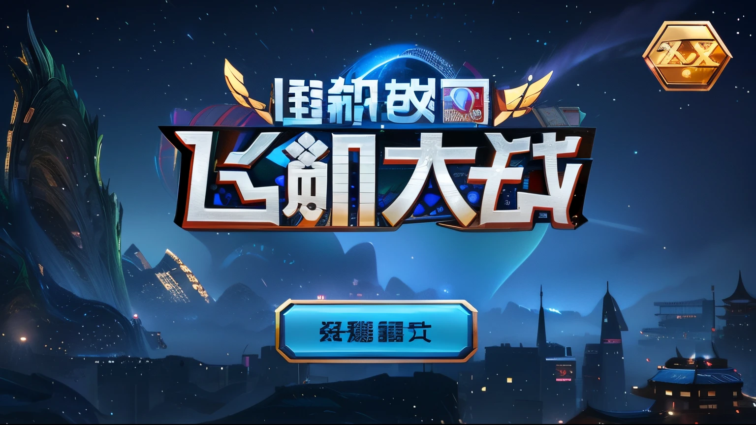 Close up of a logo with a sky background and a city in the background, mobile game, GameCG, mobile game style, xianxia fantasy, xianxia hero, loading screen, Multiplayer online games, 千 葉 雄 大, xianxia, li zixin, heise jinyao, ingame image, loadscreen”