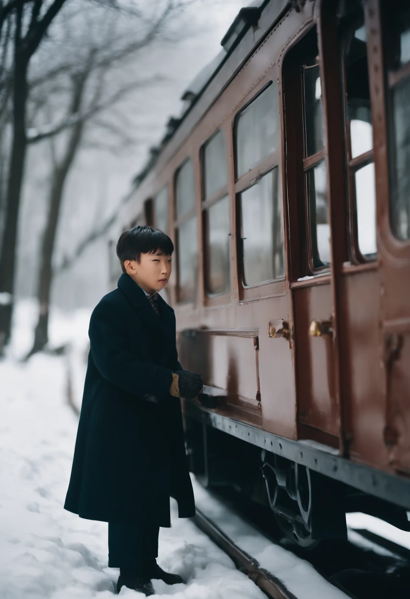 Japan&#39;s 1960s、A 17-year-old boy sticks his head out the window of a steam locomotive and looks at the snow.、short-haired、student clothes、steam train