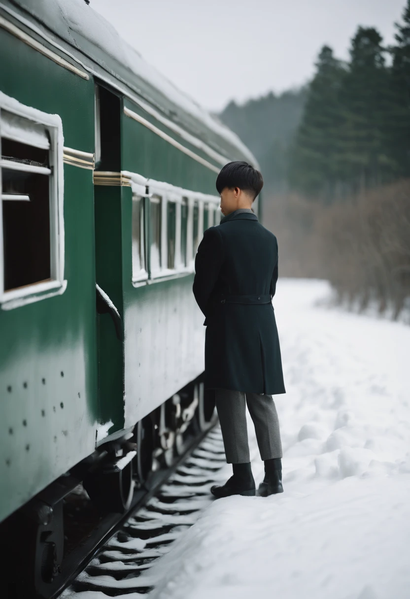 Japan's 1960s、A -yeld boticks his head out the window of a steam locomotive and looks at the snow.、short-haired、student clothes、steam train