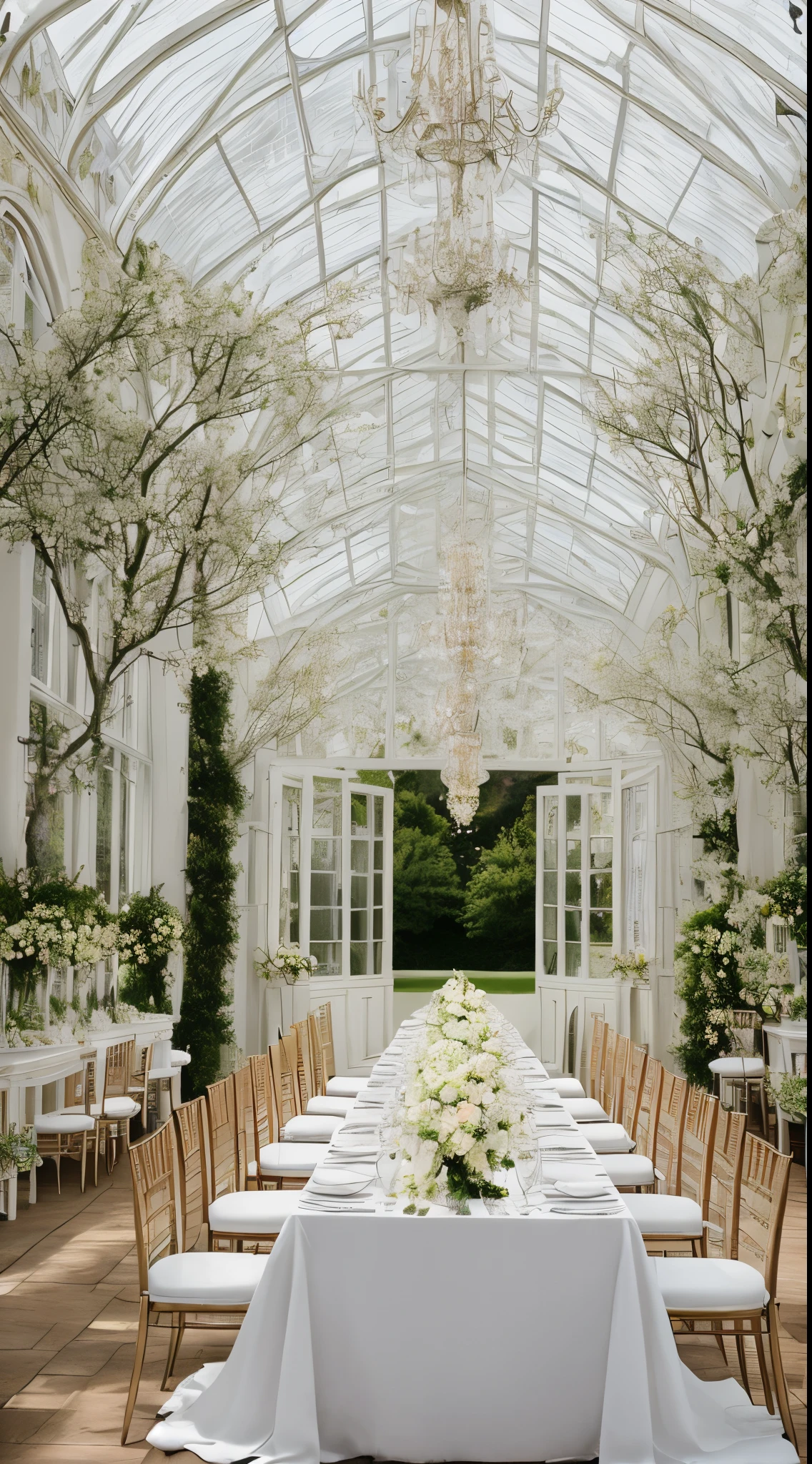 wedding table, inside orangery, white table, spring flowers, vase, picture postcard, dramatic lighting, cinematic, perfect