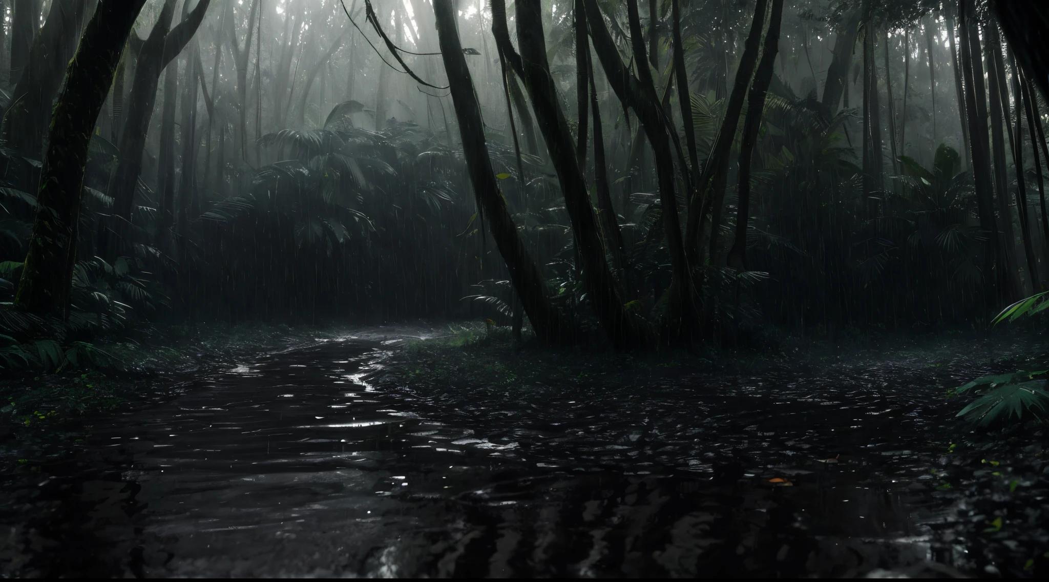 A jungle, intense rainfall, Alan Wake environment, monochromatic, vines all around, giant and wet trees, masterpiece, best quality, high quality, extremely detailed CG unity 8k wallpaper, oil paiting, award winning photography, Bokeh, Depth of Field, HDR, bloom, Chromatic Aberration ,Photorealistic,extremely detailed, trending on artstation, trending on CGsociety, Intricate, High Detail, dramatic, art by midjourney, volumetric lighting