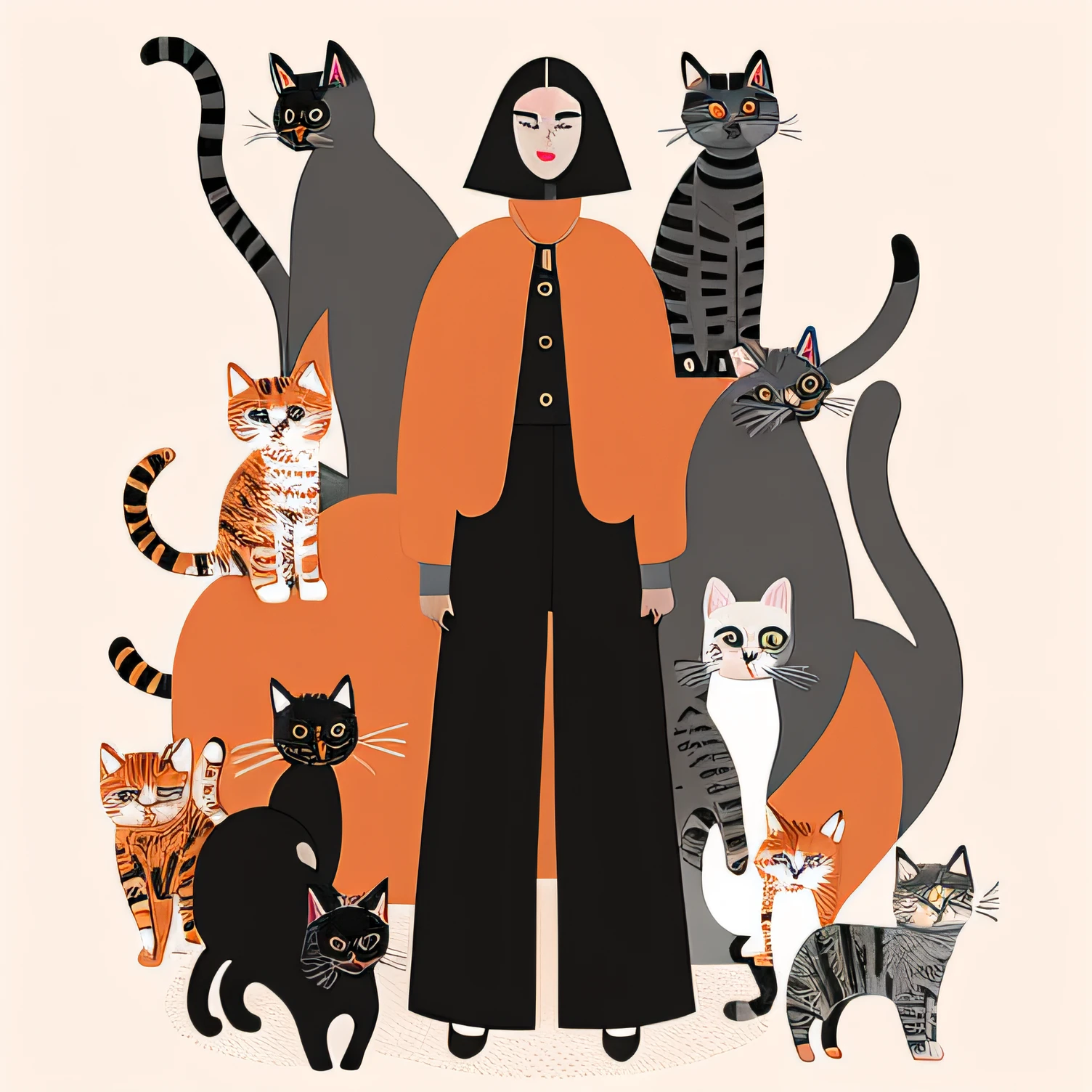There are many cats standing with a woman, cats on her side, crazy cat lady, cats on her side, author：Ivan Djenerich, author：Sylvia Pelisero, there is a cat next to her, Inspired by Ivan Djenelic, author：Andre Ruland, Illustration style, catss! are around
