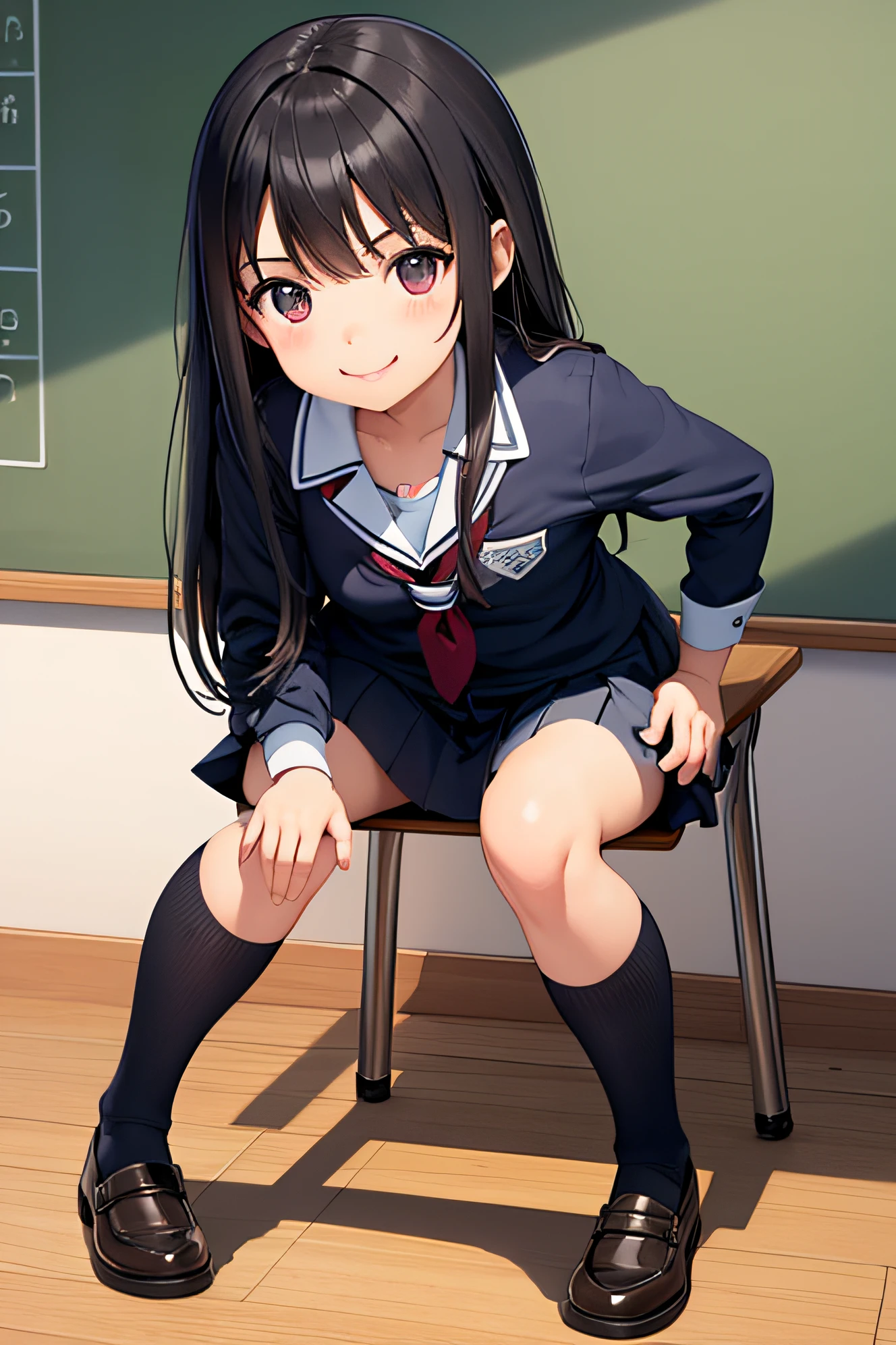 superfine illustration, Perfect Anatomy, Best Quality, Hires, amazing shading, Beautiful skin, 1 girl, School Uniforms , Full body, A smile、In the classroom of the school、the pose、行走