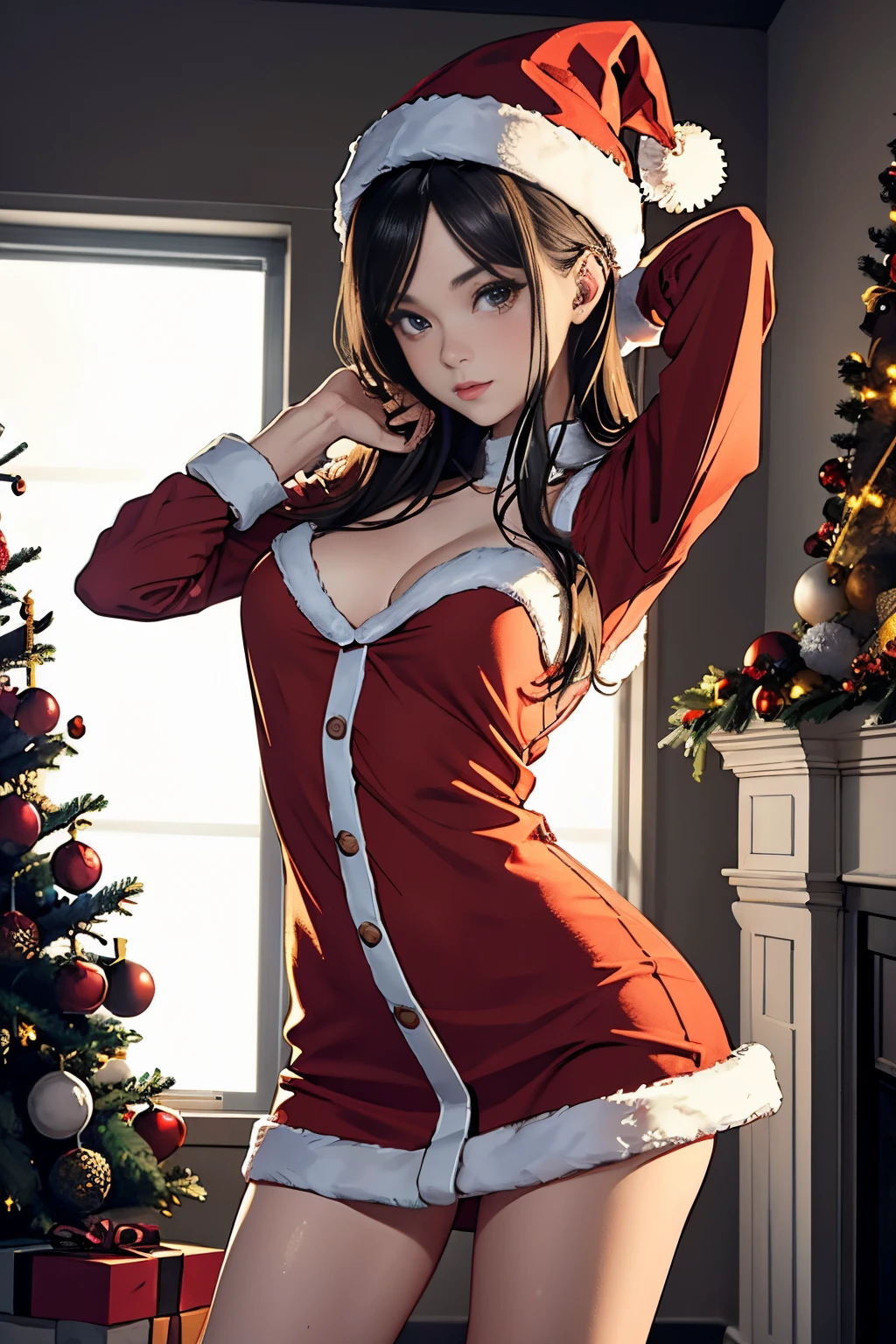 a very sexy and skinny girl wearing a Santa Claus outfit. the only source of light in the completely dark room are the twinkling lights on the Christmas tree (very detailed image)