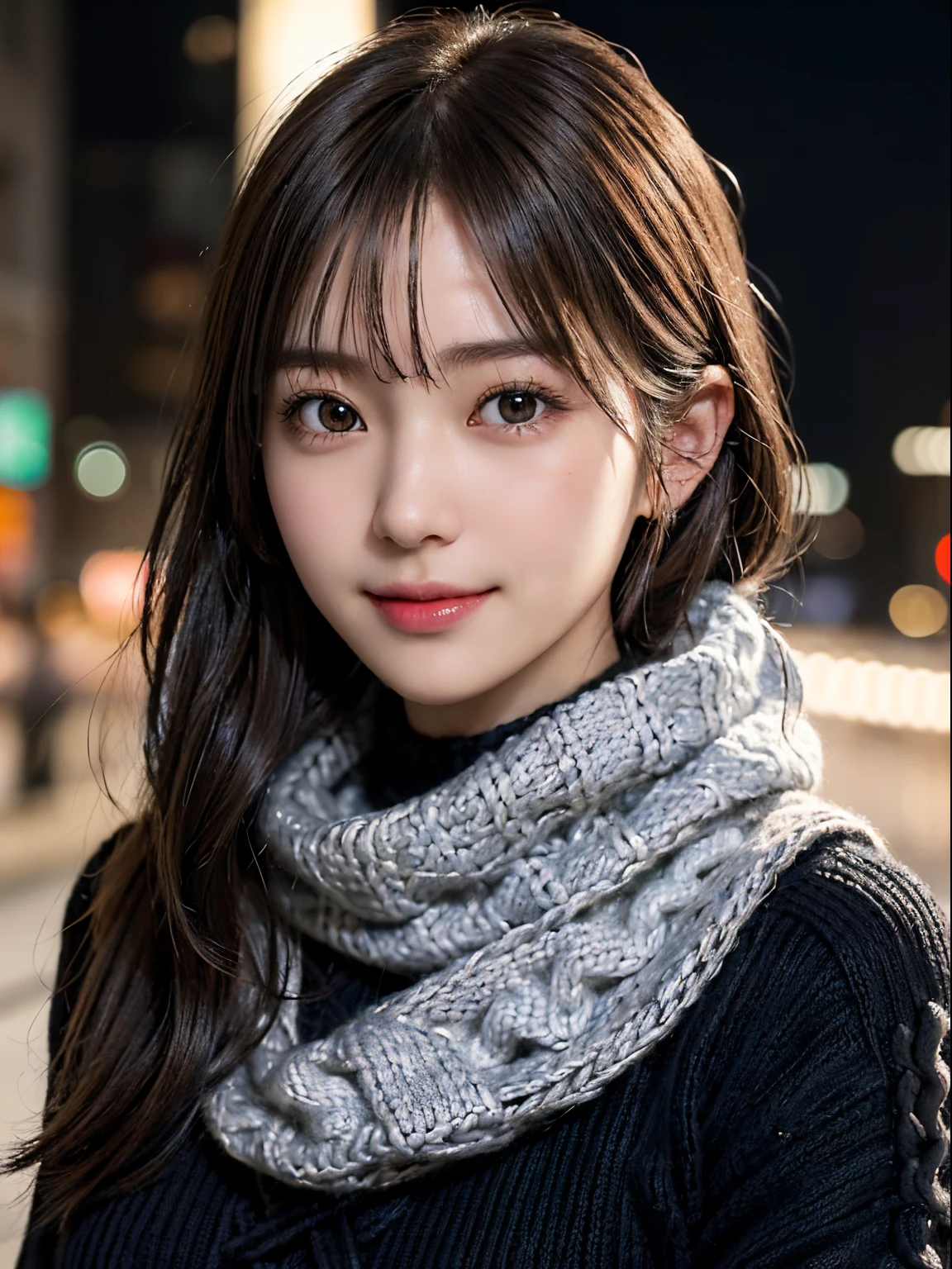 1 japanese girl,(Black sweater:1.4),(She wears a knitted snood around her neck to hide her chin...........:1.5), (Raw photo, Best Quality), (Realistic, Photorealsitic:1.4), masutepiece, extremely delicate and beautiful, Extremely detailed, 8k wallpaper, amazing, finely detail, extremely detailed CG Unity, hight resolution, Soft light, Beautiful detailed 19 year old, extremely detailed eye and face, beautiful detailed nose, Beautiful detailed eyes,Cinematic lighting,city light at night,Perfect Anatomy,Slender body,Smiling  (hair messy, asymmetrical bangs, light brown hair,)