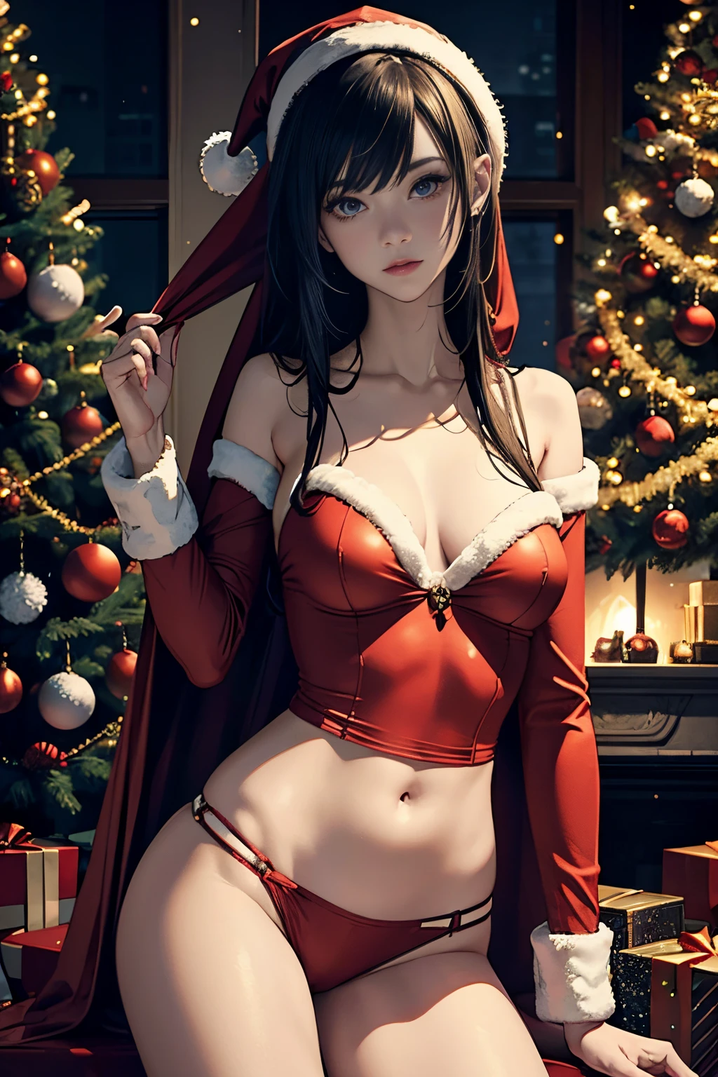 a very sexy and skinny girl wearing a Santa Claus outfit. the only source of light in the completely dark room are the twinkling lights on the Christmas tree (very detailed image)