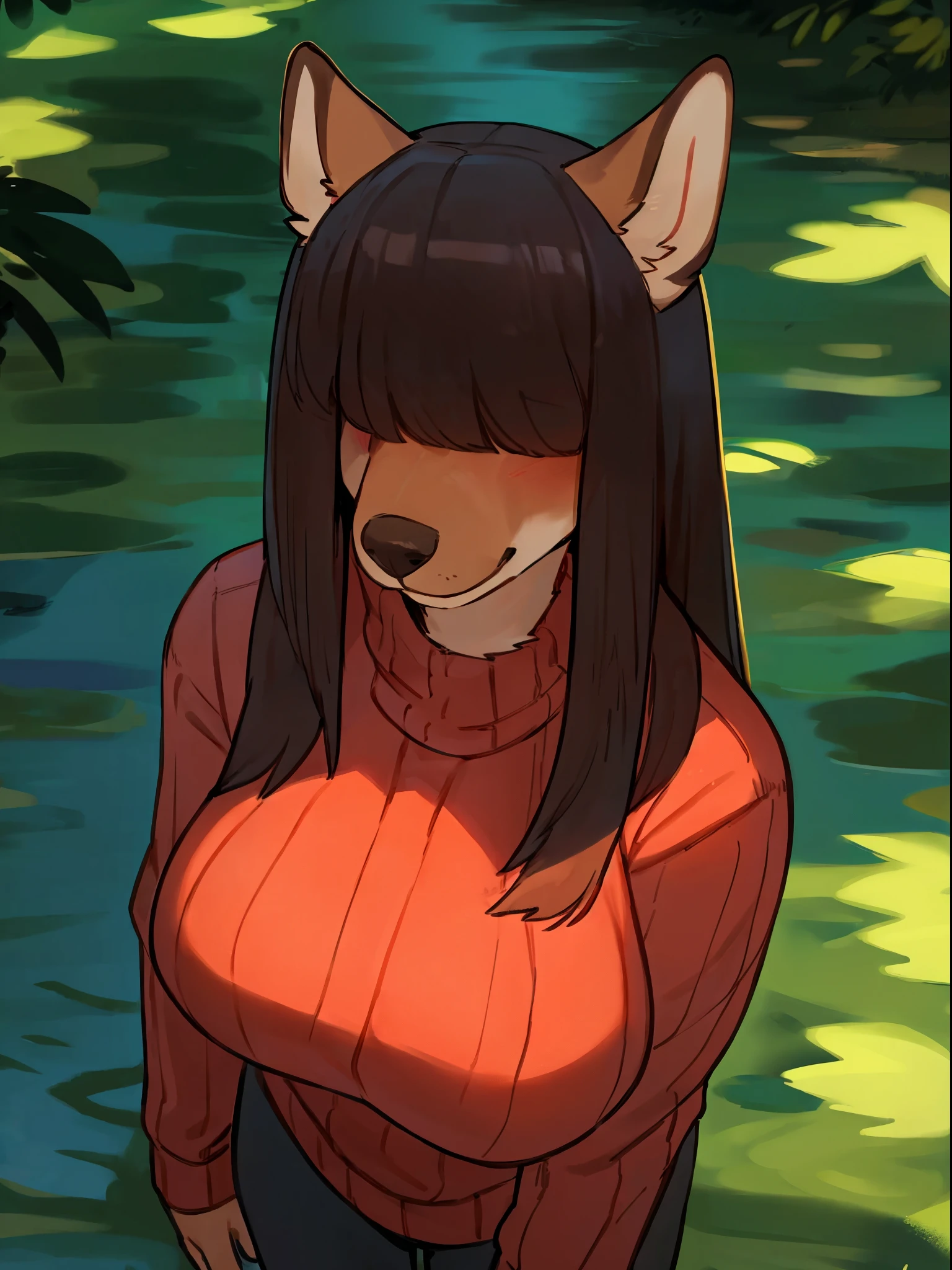 By bebebebebe, by lostgoose, by goonie-san, solo, female, canine, ((snout, hair covering eyes, straight hair, medium hair, flat hair, thin snout, brown fur)), dark maroon hair, big breasts, (muscular), looking up at viewer, nervous smile, blushing, standing up straight, covered by a massive shadow, standing in a swamp, evening, red turtleneck sweater, cleavage, black jeans, looking at viewer, looking up, head looking up