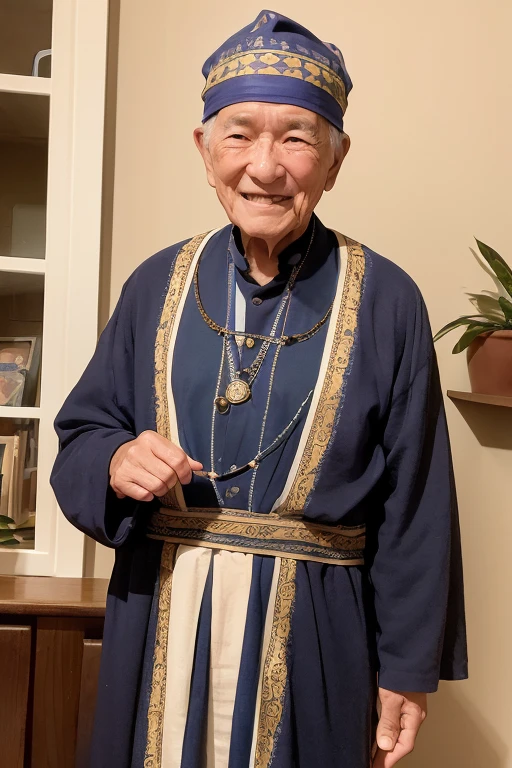 A smiling elderly male fortune teller is facing forward