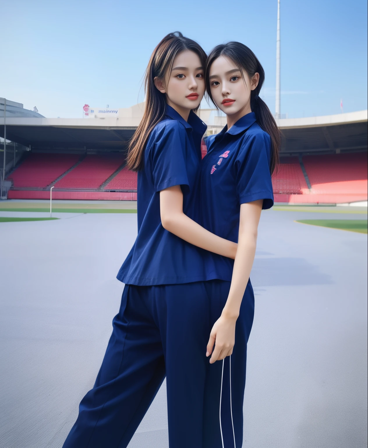 (bestquality,10,10,highres,masterpiece:1.2),ultra-detail,(Realistic,photorealistic portrait,photo-realistic:1.37),1 Cute girl in the football field,oily shiny skin,bara,light smile,BDclothes,((blue shirt:1.3)),short sleeves,shirt, trousers.,(navy_long_Pants Track:1.1), ((Stadium Background:1.3)),dynamic angle,excited,face focus,Dynamic Poses,from behide,Ass Focus,masterpiece, bestquality, ultra realistic, hyper-detail, 8k resolution, RAW photo, crisp focus, ((Navy blue shirt:1.1)), short sleeves, Long Path, Perfect body, 2 mature women, 18yo, cinematic light,Blue sweatpants,Gymware,Correct anatomy,Complete body, Correct body, sharp face, Anatomically correct body, full entire body, Realistic gestures, long-haired, Realistic poses,Wear long shorts............................,Long leg span,Shapely,Sculpting Girl, Slender Figure, mannequin mannequins, Shapely, Beautiful body,Blue sweatpants, Two girls kissing