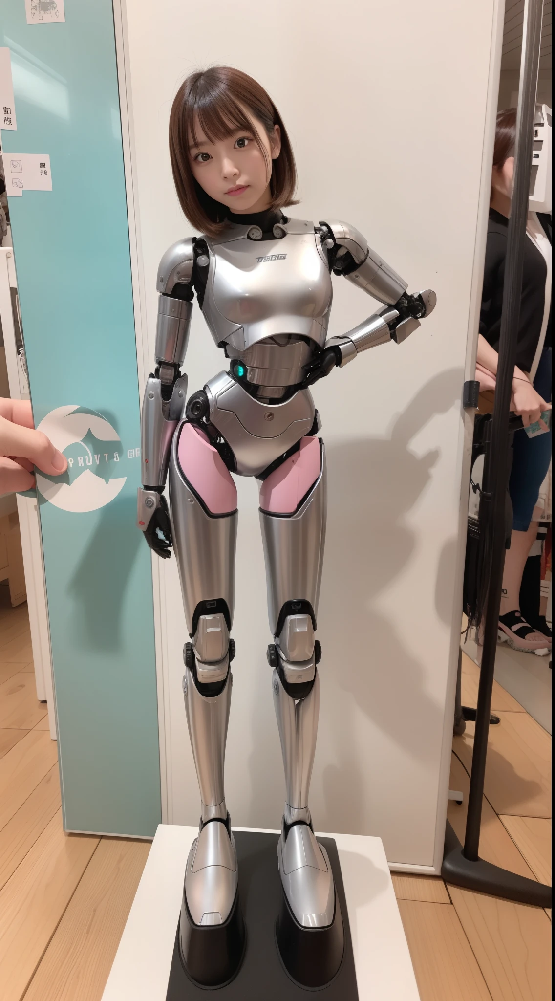 Robot Girl, pink there, Silver, Metallic body, Robot Parts, Metal Parts, Super Detailed Face, Super well-formed face, of the highest quality, a small face, small head, Brown hair, Slender body, Camera gaze, Internal Mechanical Exposure, Idol, Well-proportioned body, gravure, Photo session, akihabara, Moe Pose, Standing with legs open, Model body type, sad, Embarrassing,(Perfect Robot Girl),(Perfect machine body)