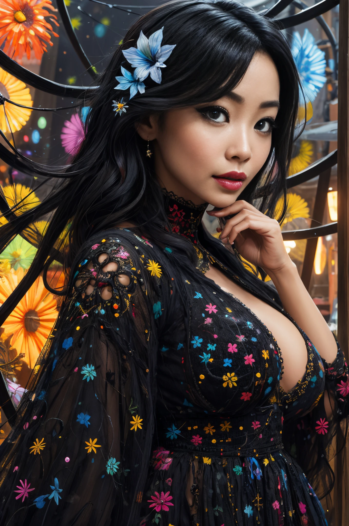 A girl,cute big breasts,Incredibly detailed, A high resolution, Best quality, tmasterpiece: 1.2, actual, A detailed eye, detailed lips, Extremely detailed eyes and face, Long eyelashes,black hair color hair,black dress portrait, oil painted, kosmos, welcoming, Particle, The halo, Bio-luminescence: 0.95, A vibrant one, Colorful, glowing, complex composition, 电影灯光, Complex, Symmetrical: 0.5, Surreal.