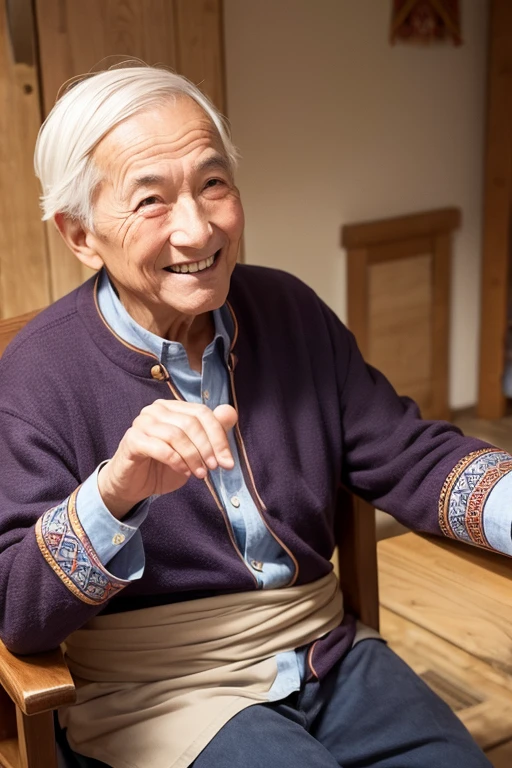 A smiling elderly male fortune teller is facing forward