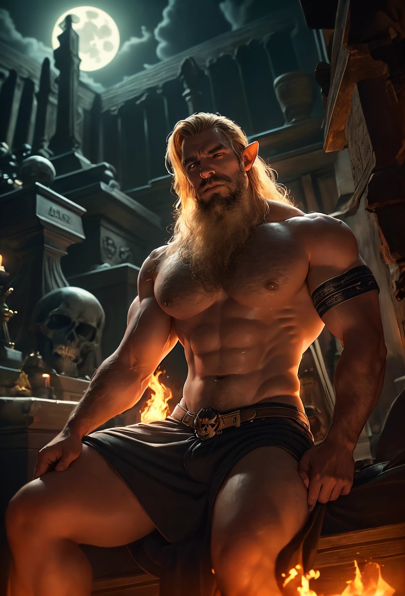 40 year handsome old elf, pale skin, blonde hair, abino skin, long straight hair, wearing elfin , sitting , mustache, piercing blue eyes, brown hair, pronounced brow ridge, strong jaw, high cheekbones, (complete body:1.5), sitting on a bed spreading his legs, very beefy muscles, bulging biceps, bulging triceps, bulging pectorals, bulging quads, bulging trapezoids, wide shoulders, bulging calves, bulging forearms, hairy, (giant:1.5), tall, solo person. Art deco masterpiece, alpha male, at night, skull, nightmare, fire, intricately detailed, sharp focus, extremely detailed, dark fantasy, glowing, colorful painting, rich color, HDR, octane render, digital illustration, cinematic light, sitting on the throne, Explore the beauty of a moonlit cemetery, with weathered tombstones, crypts, and the feeling that the spirits of the departed may not be at rest