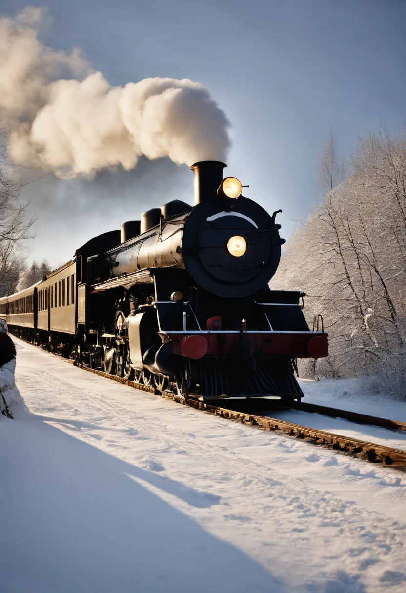 A 17-year-old boy sticks his head out of the passenger seat window of a steam locomotive and looks out at the snowy landscape all around him.、short-haired、muffler、large suit、steam locomotive steam、Souvenirs for my family and sister are piled up on the seat.、1960s-era、