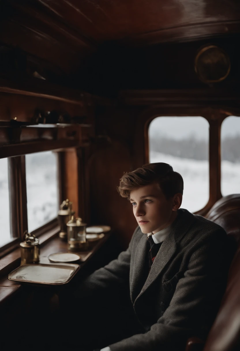 A 17-year-old boy sticks his head out of the passenger seat window of a steam locomotive and looks out at the snowy landscape all around him.、short-haired、muffler、large suit、steam locomotive steam、Souvenirs for my family and sister are piled up on the seat.、1960s-era、