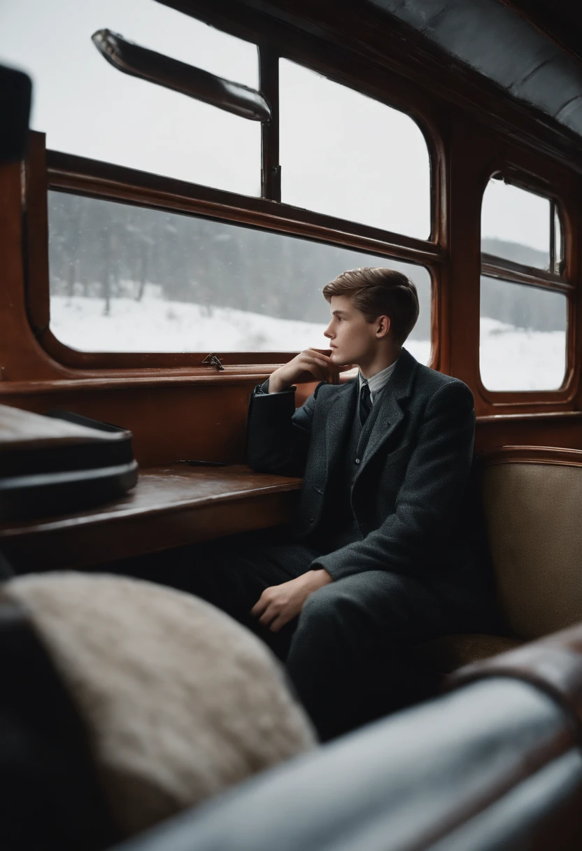 A -yeld boticks his head out of the passenger seat window of a steam locomotive and looks out at the snowy landscape all around him.、short-haired、muffler、large suit、steam locomotive steam、Souvenirs for my family and sister are piled up on the seat.、1960s-era、