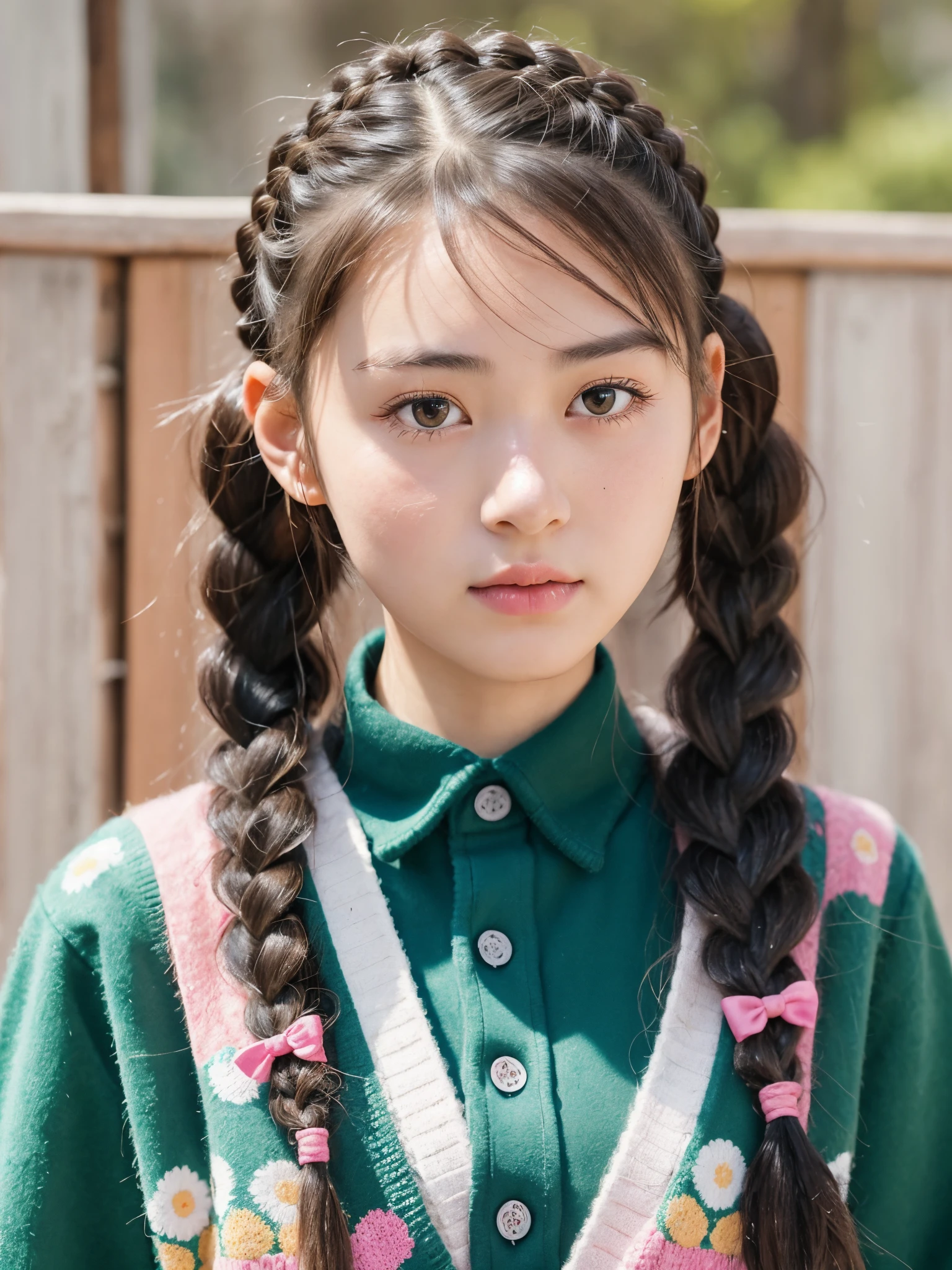 araf girl,Braided,Wearing a pink cardigan, Young and cute Korean face, braid hairstyle, Colorful braids, Young and cute asian face, Korean girls, Cute Korean face, yanjun chengt, Portrait of a Korean female idol, Double ponytail hairstyle, ChineseGirl, Two braids hairstyle, young asian girl, korean artist,person in the middle of the photo,Character centered,The character faces the camera,peculiarity'Head facing the camera,Center the character and face the camera,The background is extremely blurry,The park background is extremely blurry,The scenery behind me is extremely blurry