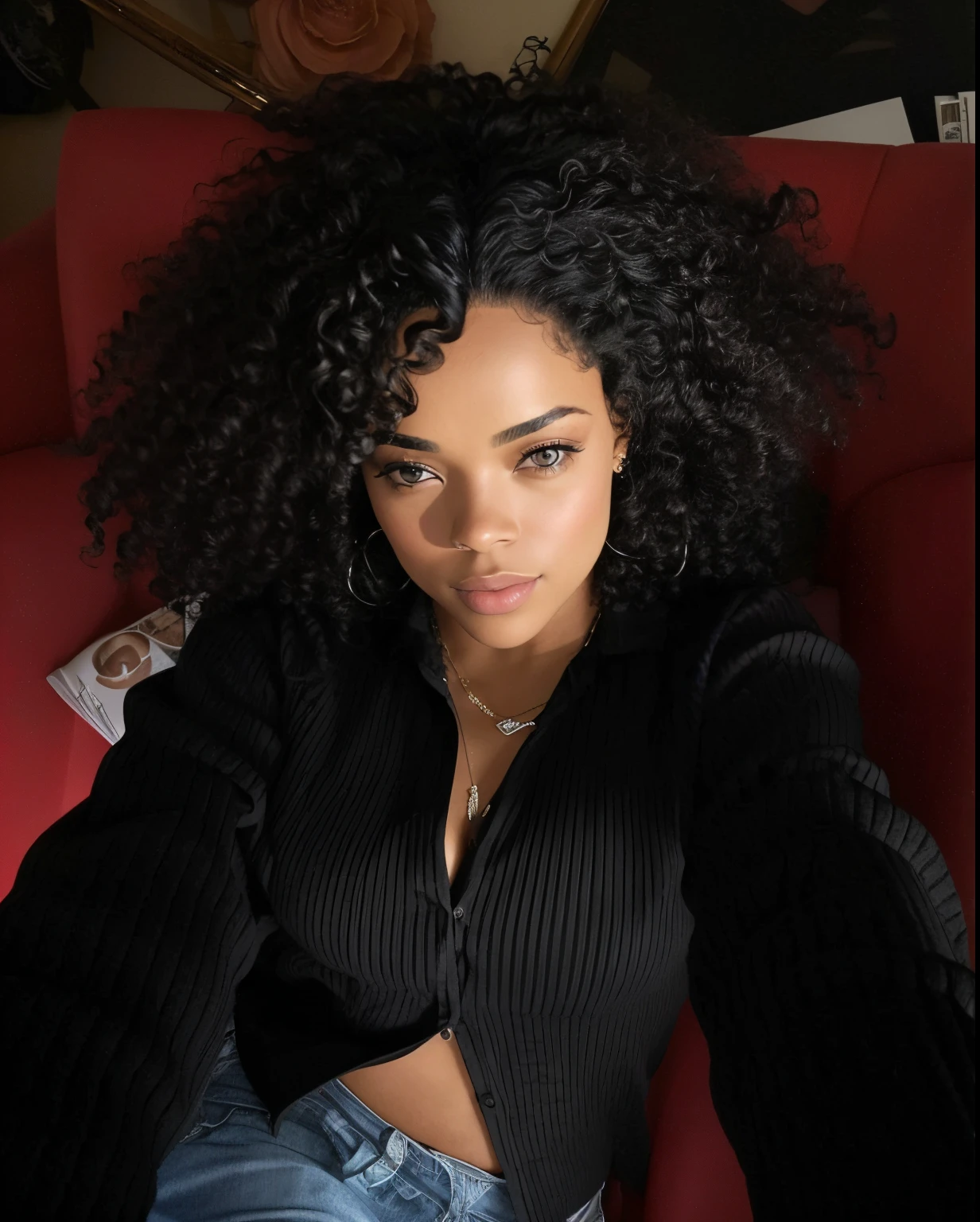 there is a woman in a black blouse and jeans sitting on a red chair, cabelo encaracolado preto, Tessa Thompson inspirada, longos cabelos cacheados pretos selvagens, Tessa Thompson, longos cabelos cacheados pretos, cabelos negros cacheados, seu rosto emoldurado com cachos, preto longo cabelo encaracolado longo, afro encaracolado, linda senhora, com afro, cabelos cacheados, jovem mulher negra, curly middle part haircut
