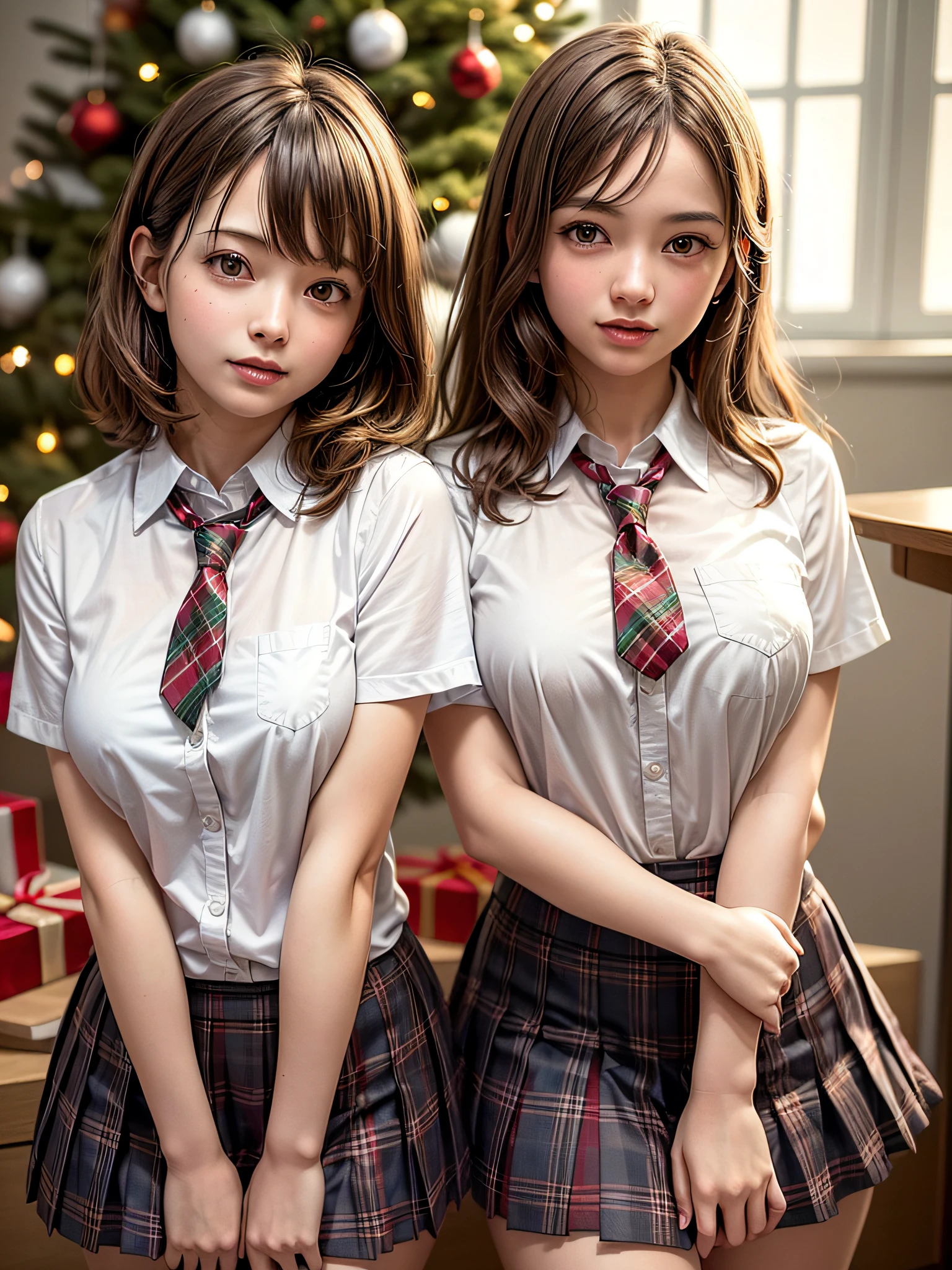 (2girls:1.4), Extremely cute, Amazing face and eyes, (Beautiful lovely smile), (extremely detailed beautiful face), bright and shiny lips, (School uniform, Pleated skirt:1.3), (Best Quality:1.4), (hyper quality), (Ultra-detailed), (Hyper-realistic, Photorealsitic:1.37), Authentic skin texture, intricate-detail, extremely detailed CG unified 8k wallpaper, RAW Photos, professional photograpy, Cinematic lighting, Exposing, Christmas tree, Christmas Ornaments, Christmas Decorations, Christmas Lights, christmas lights,