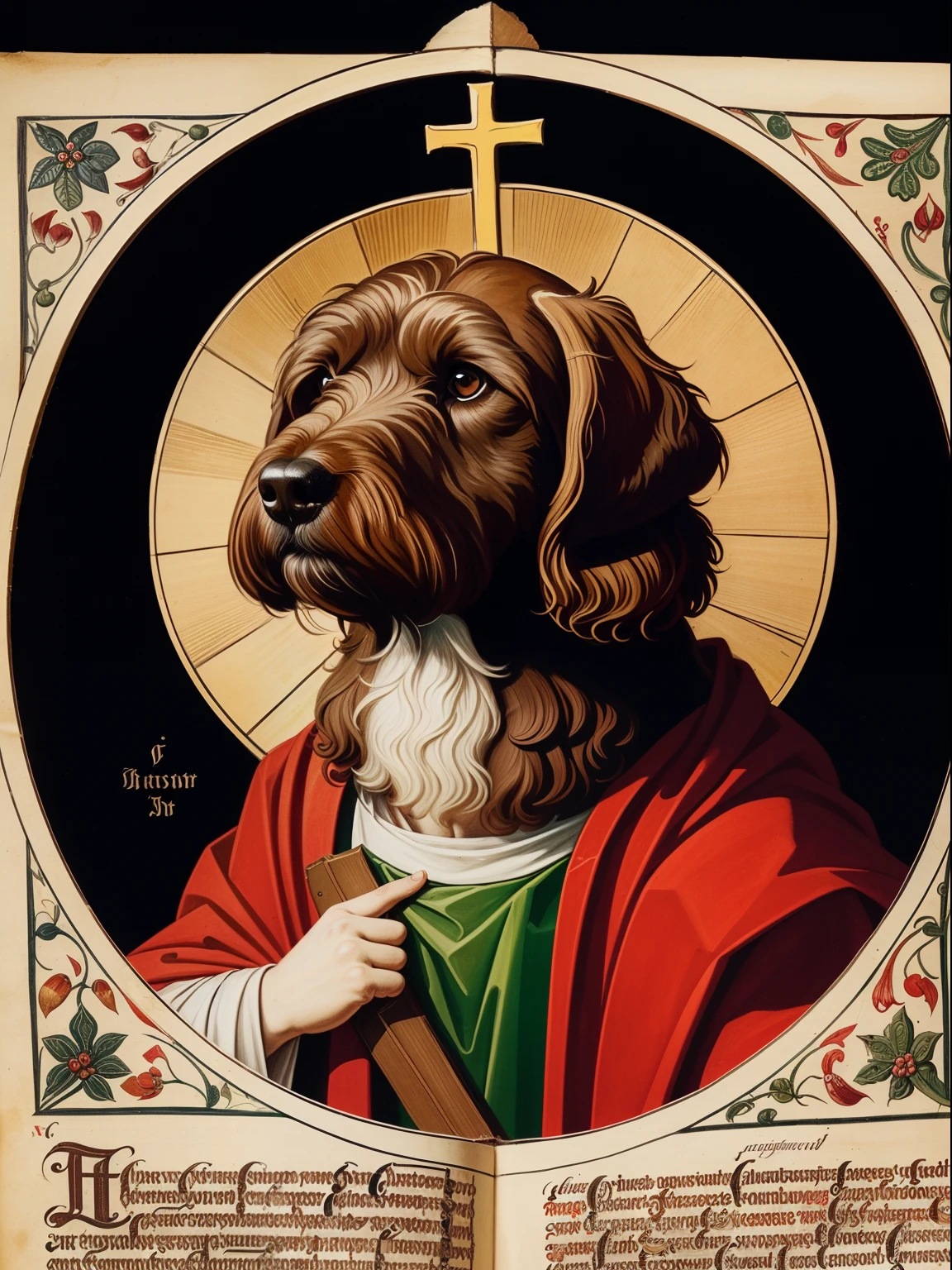 medieval church art, brown labradoodle as Christ Pantocrator, medieval manuscript, (head is that of a brown labradoodle:1.3), one paw raised, drawing on paper, medieval manuscript, image focused