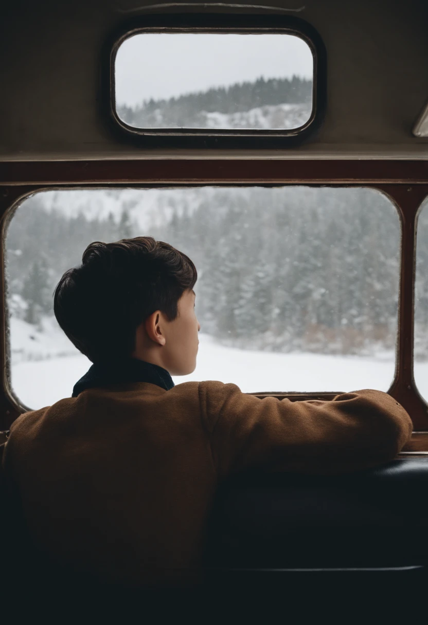 A 17-year-old boy sticks his head out of the passenger seat window of a steam locomotive and looks out at the snowy landscape all around him.、short-haired、muffler、student clothes、steam locomotive steam、Japan's 1960s、