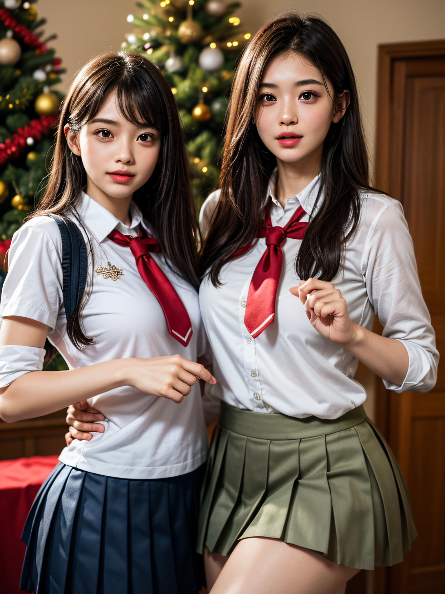 (2girls:1.4), Extremely cute, Amazing face and eyes, (Beautiful lovely smile), (extremely detailed beautiful face), bright and shiny lips, (School uniform, Pleated skirt:1.3), (Best Quality:1.4), (hyper quality), (Ultra-detailed), (Hyper-realistic, Photorealsitic:1.37), Authentic skin texture, intricate-detail, extremely detailed CG unified 8k wallpaper, RAW Photos, professional photograpy, Cinematic lighting, Exposing, Christmas tree, Christmas Ornaments, Christmas Decorations, Christmas Lights, christmas lights,