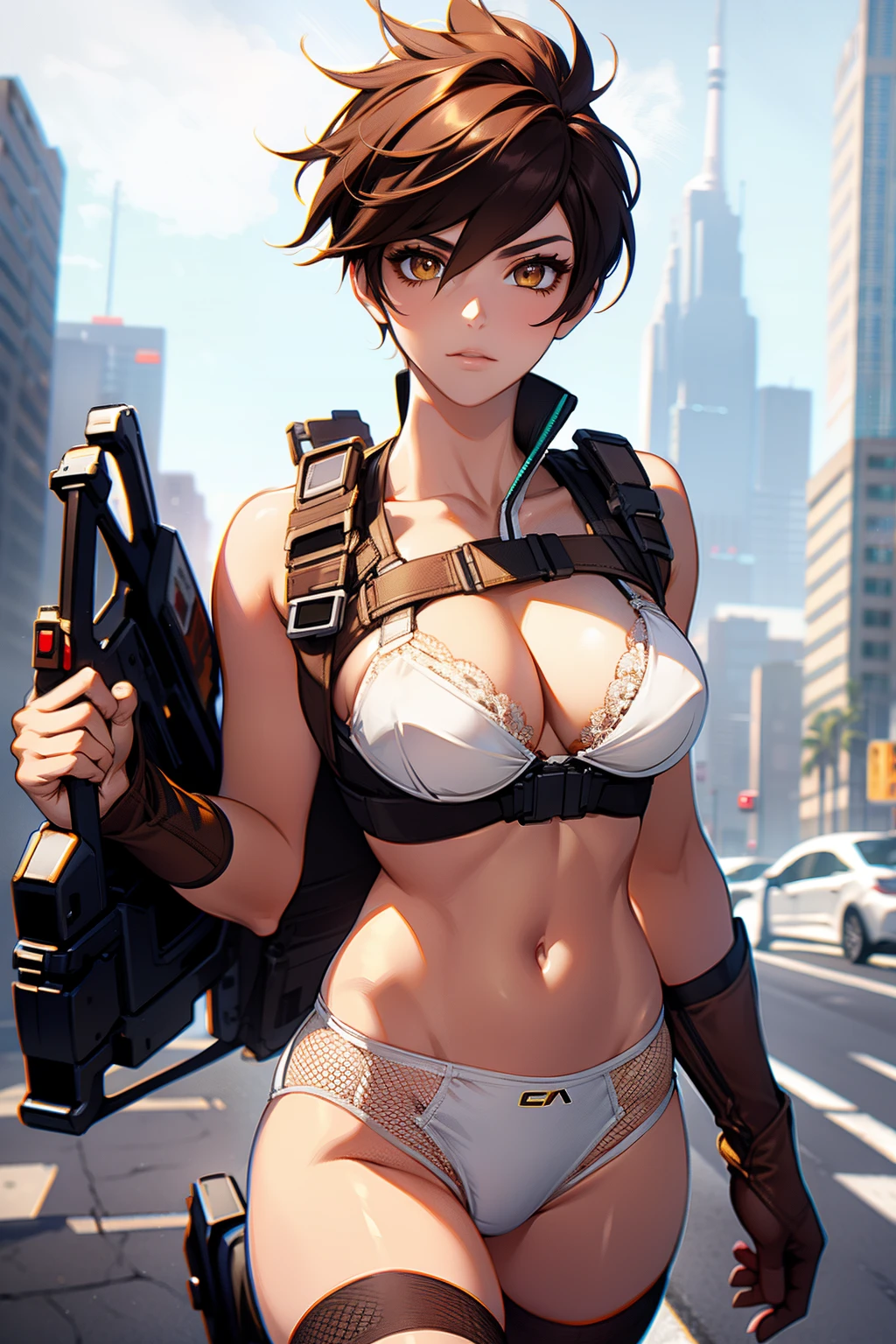 Tracer,4k, detailed, brown hair, brown eyes,white bra, white panties, yellow fishnet stockings,