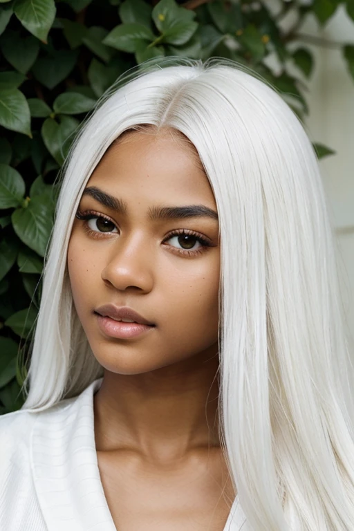 tmasterpiece， Best quality at best， wear luxurious kimono, androgyne，beautiful young woman, alone in the garden, mixed African woman, light skin, shinning eyes，18 years old, （detailedpupils：1.2），Pure princess， eyeslashes， Beautiful white hair，white eyebrow, Striped hair，hair totally white, multicolour， long hair，white hairline, hair and  hair and eyebrow are all white, the perfect face， A detailed，dark skin, very beautiful, delicate beauty, simply hairstyle, no flower, nothing in the hair, perfect and innocent delicate young face, norvergian  features, small nose, big eyes surprised, like mixing Zendaya and Adrianna Lima