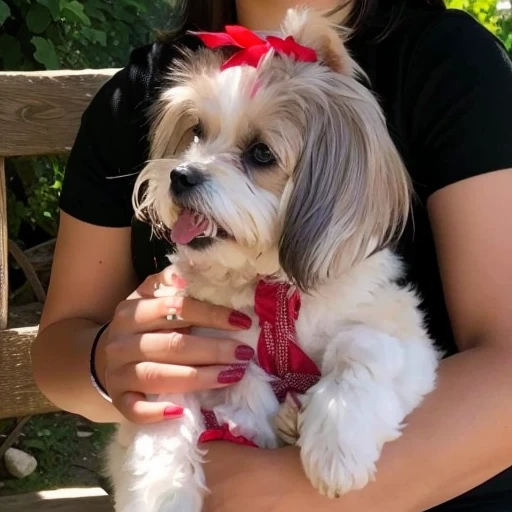 Araffe with a red bow on his head holding a puppy, a red bow in her hair, holding your Lhasa Apso red bow in her hair