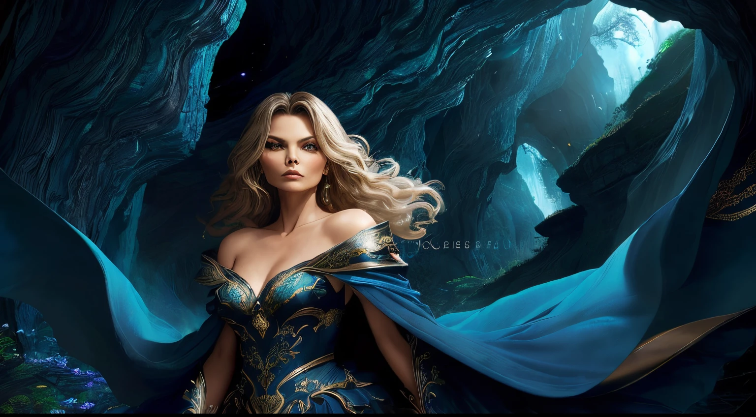 ((melhor qualidade)), ((obra-prima)), (detalhado), Empress Dragon "Michelle Pfeiffer ", olhos realistas, cabelo preto, olhos azuis, seios pequenos, vestido de setin koreano sensual, paisagem maligna, ethereal beauty, (Fantasy Illustration:1.3), olhar encantador, pose cativante, garota solo, charme sobrenatural, mystical sky, noite enluarada, cores suaves, (paisagem nublada detalhada:1.3), (alta resolução:1.2) (Blue dragon flying in the sky) vestido, sobre uma colina, An army passing far into a canyon below.