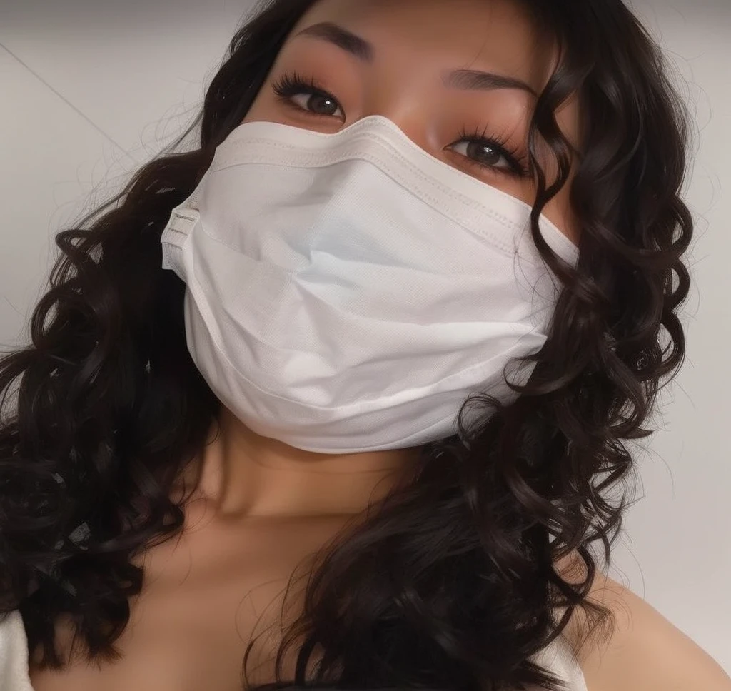 a brunette woman with curly hair wearing a white mask covering her nose and mouth, good definition
