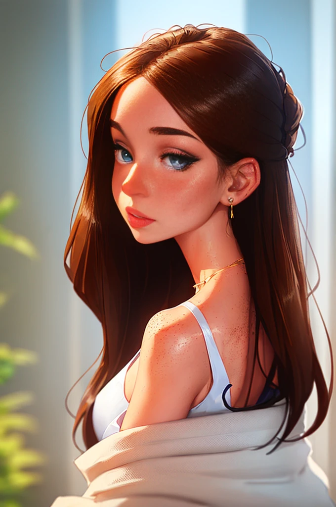 (masterpiece, best quality, ultra-detailed, highres, 4k),(beautiful detailed eyes),(very detailed face),(1girl),HDR,long hair, panties, blue eyes, brown hair, bracelet, see through crop top, jewelry, watch, lips, solo focus, nail polish, ponytail, blurry background, smirk, wristwatch, realistic, looking back at viewer