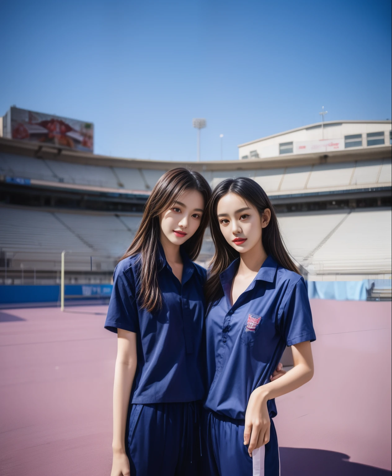 (bestquality,10,10,highres,masterpiece:1.2),ultra-detail,(Realistic,photorealistic portrait,photo-realistic:1.37),1 Cute girl in the football field,oily shiny skin,bara,light smile,BDclothes,((blue shirt:1.3)),short sleeves,shirt, trousers.,(navy_long_Pants Track:1.1), ((Stadium Background:1.3)),dynamic angle,excited,face focus,Dynamic Poses,from behide,Ass Focus,masterpiece, bestquality, ultra realistic, hyper-detail, 8k resolution, RAW photo, crisp focus, ((Navy blue shirt:1.1)), short sleeves, Long Path, Perfect body, 2 mature women, 18yo, cinematic light,Blue sweatpants,Gymware,Correct anatomy,Complete body, Correct body, sharp face, Anatomically correct body, full entire body, Realistic gestures, long-haired, Realistic poses,Wear long shorts............................,Long leg span,Shapely,Sculpting Girl, Slender Figure, mannequin mannequins, Shapely, Beautiful body,Blue sweatpants, Two girls kissing