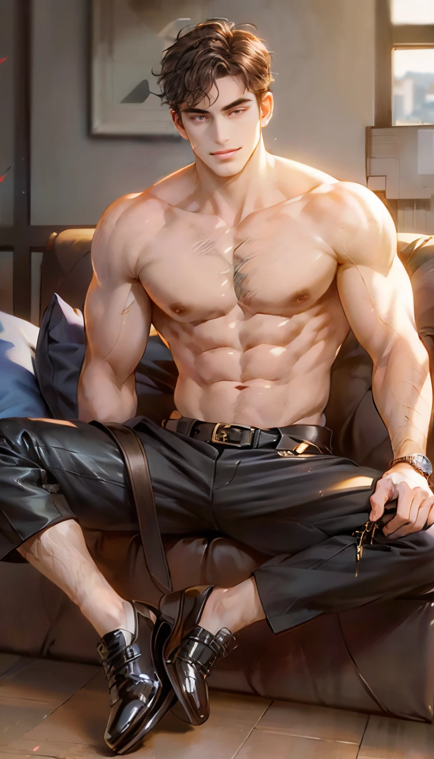 masterpiece, best quality, realistic, 1man, mature male, quiet and charming young man, 25 years old, close his eyes, serious look, extremely detailed face, ((dark grey eyes)), ((short-right-swept dark brown hair)), [thick eyebrows], detective, int the city, ((suit)), cinematic lighting, looking at the audience, posture dynamics, smirk