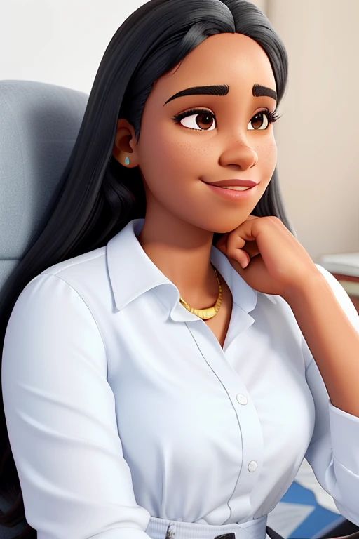Uma mulher negra, magra, fine strokes, com franjinha, cabelo grande liso e castanho, olhos castanhos, parada na frente, usando roupa elegante, segurando o livro orgulho e preconceito, illuminated by the light of a lamp, contra o pano de fundo de uma biblioteca, alta qualidade