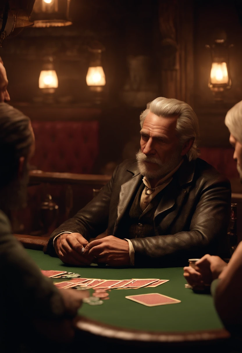 A photo of Hosea enjoying a game of poker with a group of friends in a dimly lit speakeasy.,Red Dead Redemption II, Hosea is a lean, elderly man with neat, silver hair cut short and a clean-shaven face., male