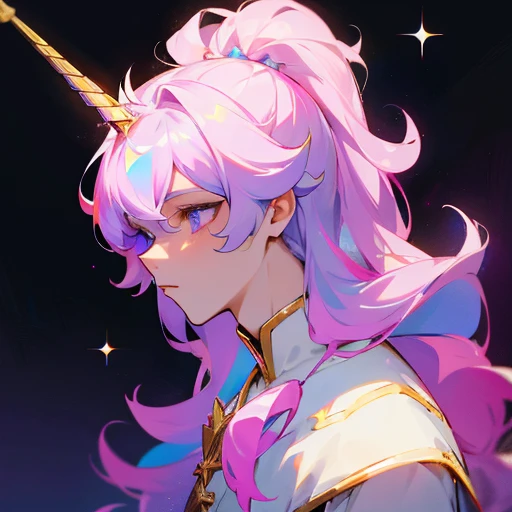 Unicorn prince, stars in eyes, pale skin, albino, white iridescent hair, Crystal like figure